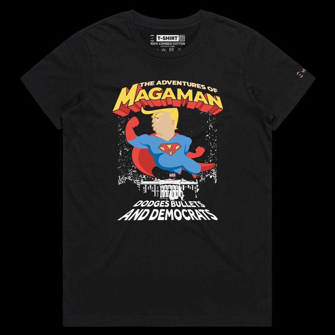 VOICEART Black Female Regular President Trump The Adventures of Magaman Funny Shirt Premium Graphic MAGA 2024 Political Tee