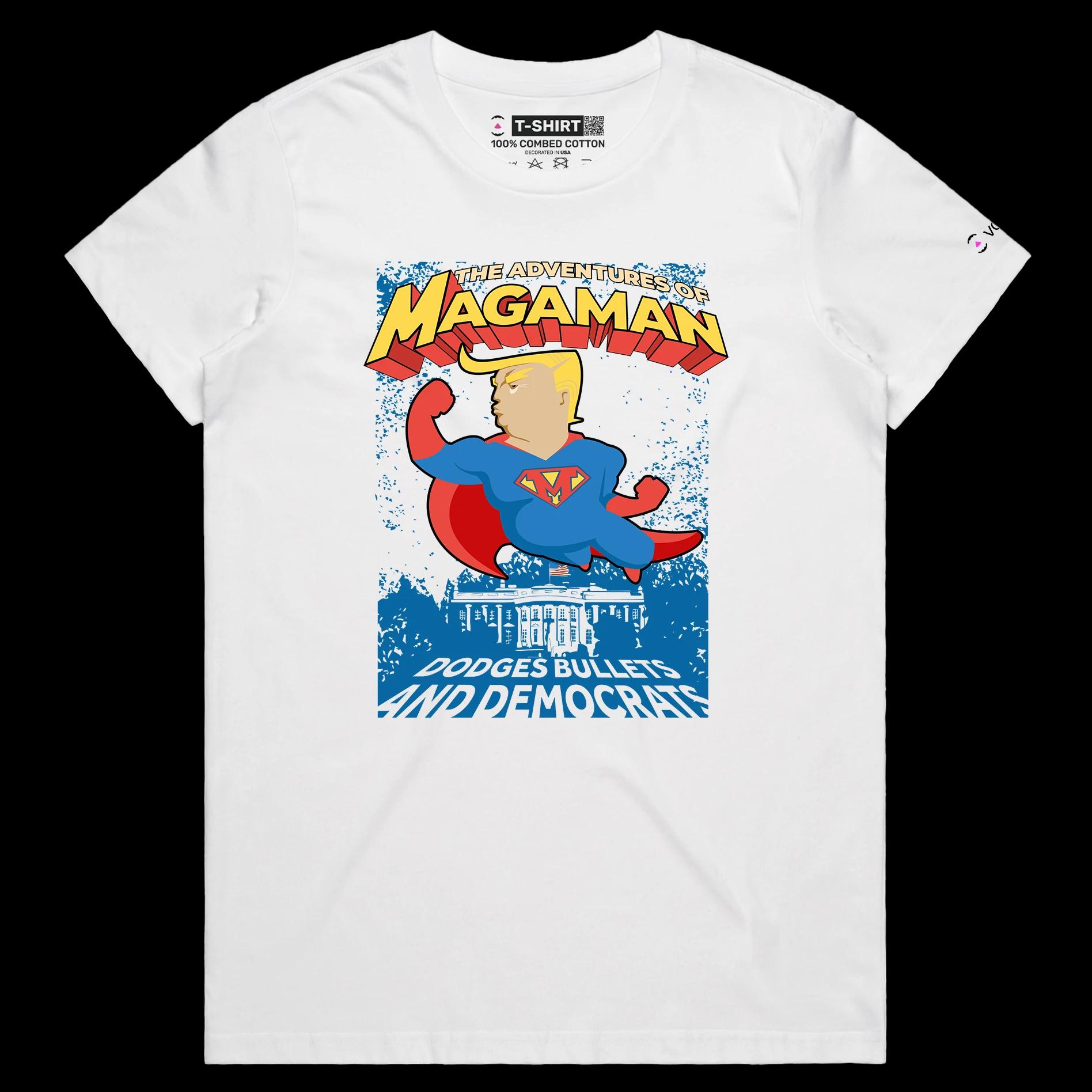 VOICEART White Female Regular President Trump The Adventures of Magaman Funny Shirt Premium Graphic MAGA 2024 Political Tee