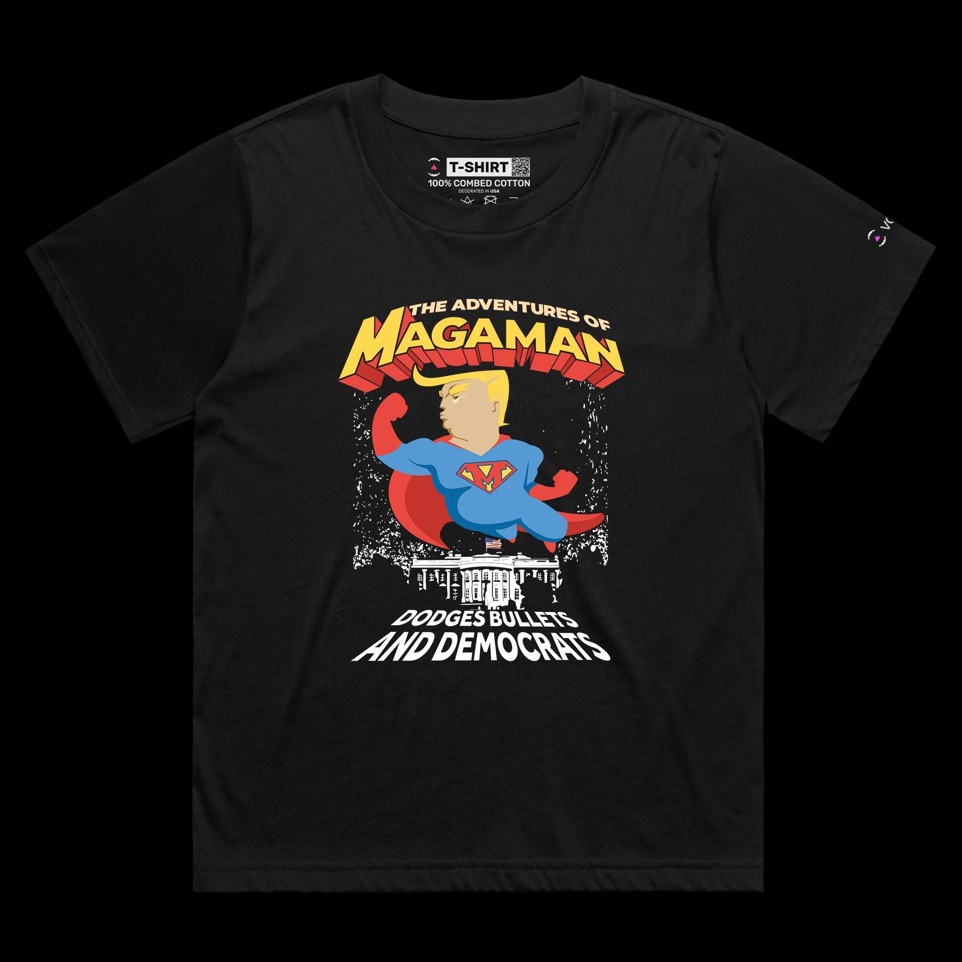 VOICEART Black Female Loose President Trump The Adventures of Magaman Funny Shirt Premium Graphic MAGA 2024 Political Tee