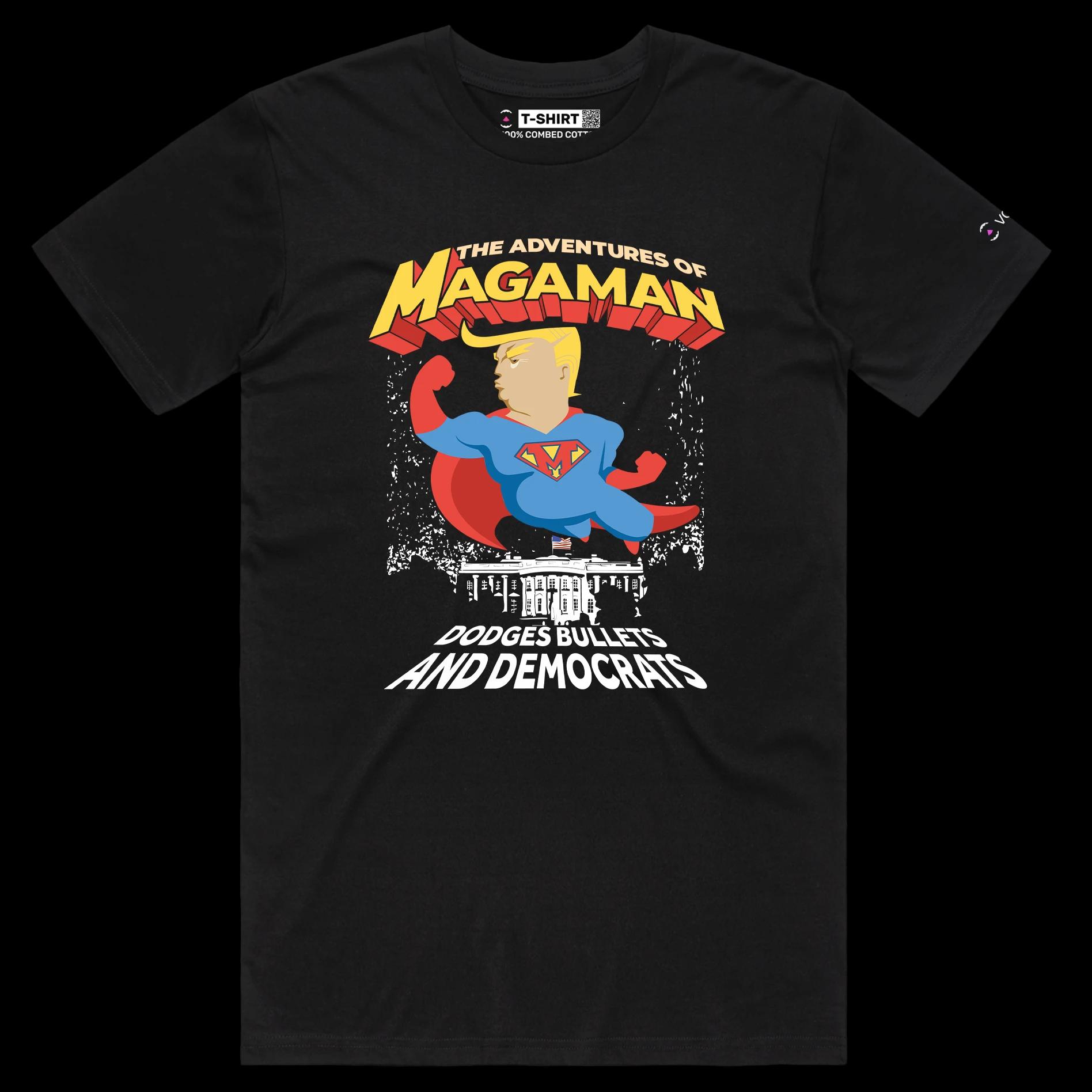 VOICEART Black Male Regular President Trump The Adventures of Magaman Funny Shirt Premium Graphic MAGA 2024 Political Tee