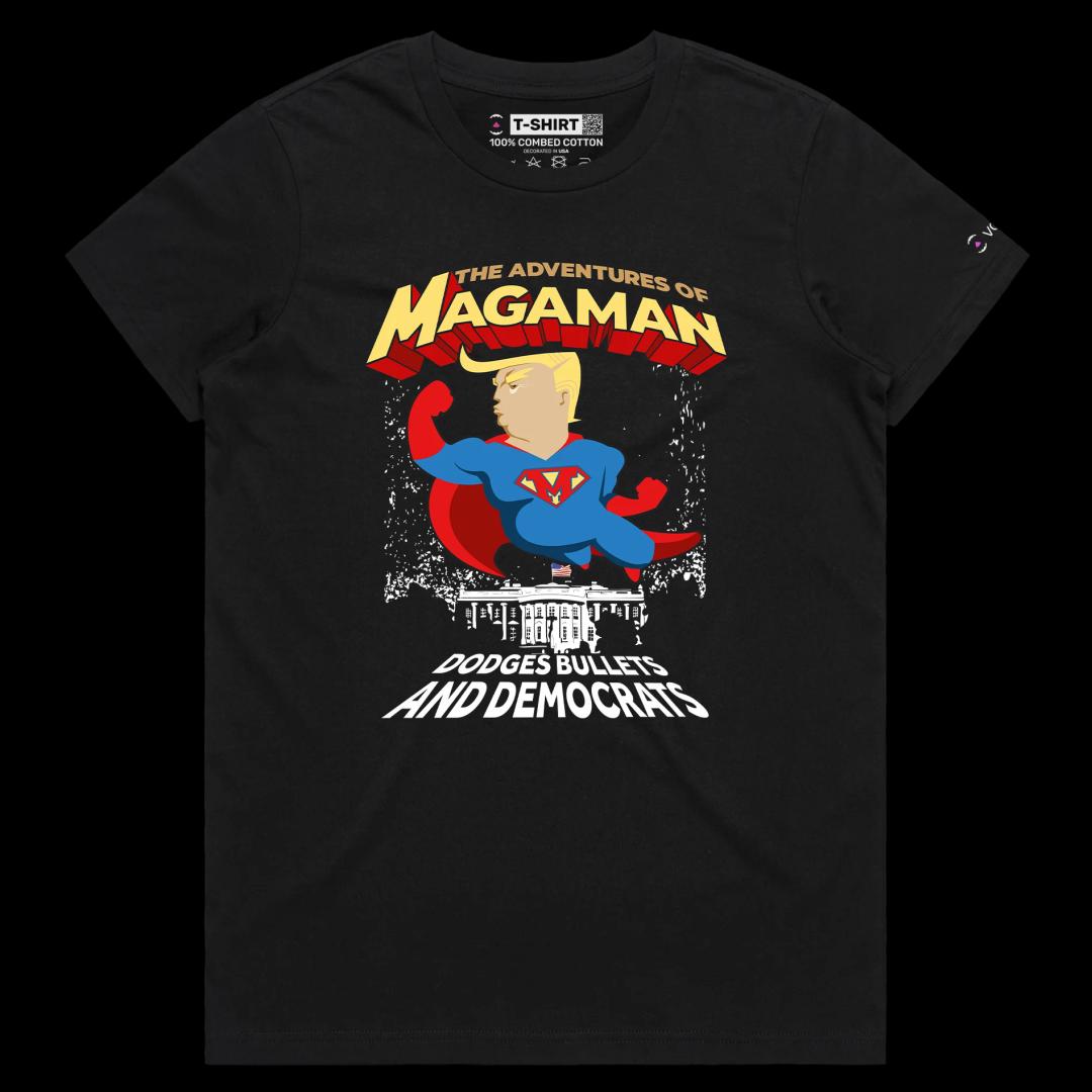 VOICEART Black Female Regular President Trump The Adventures of Magaman Funny Shirt Premium Graphic MAGA 2024 Political Tee