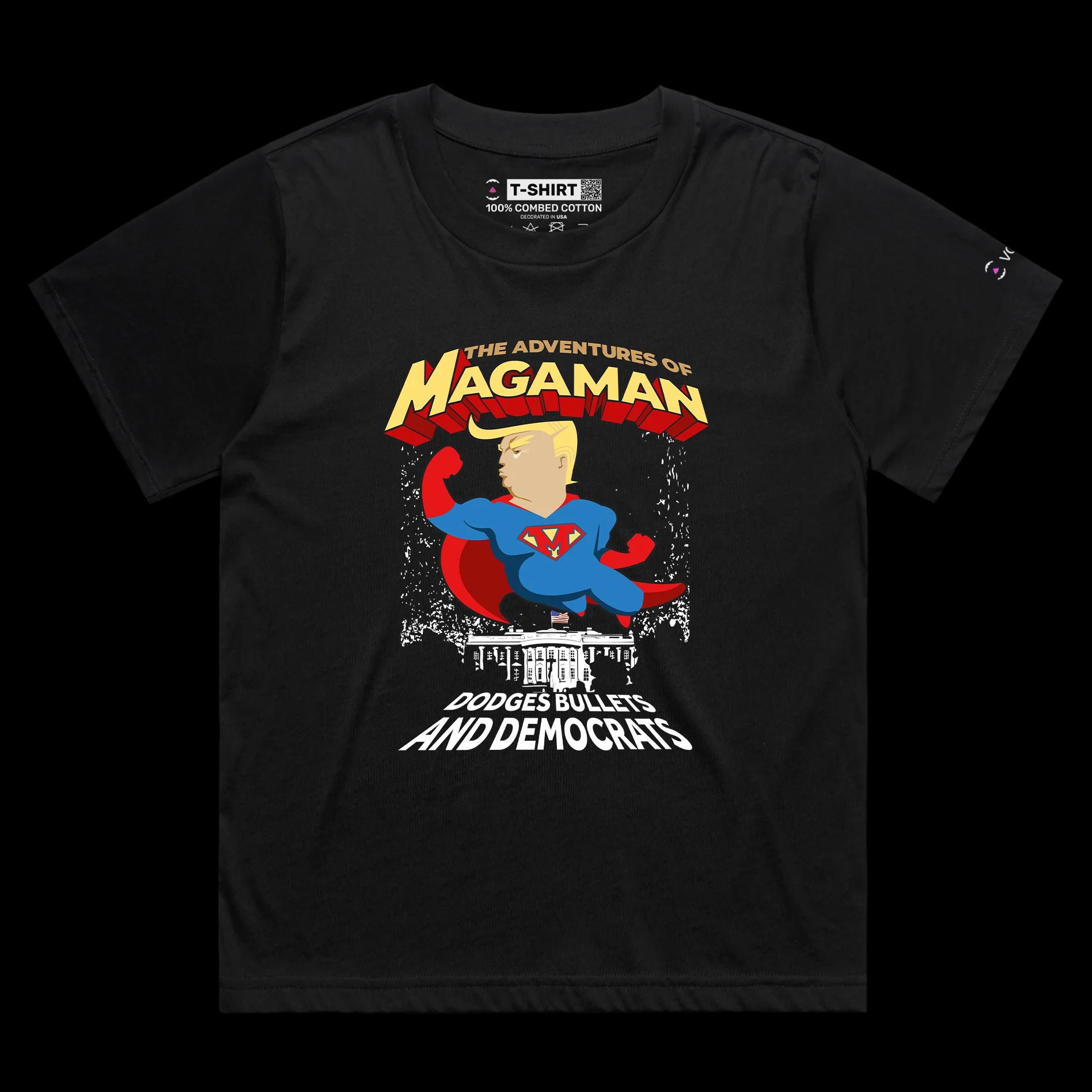 VOICEART Black Female Loose President Trump The Adventures of Magaman Funny Shirt Premium Graphic MAGA 2024 Political Tee