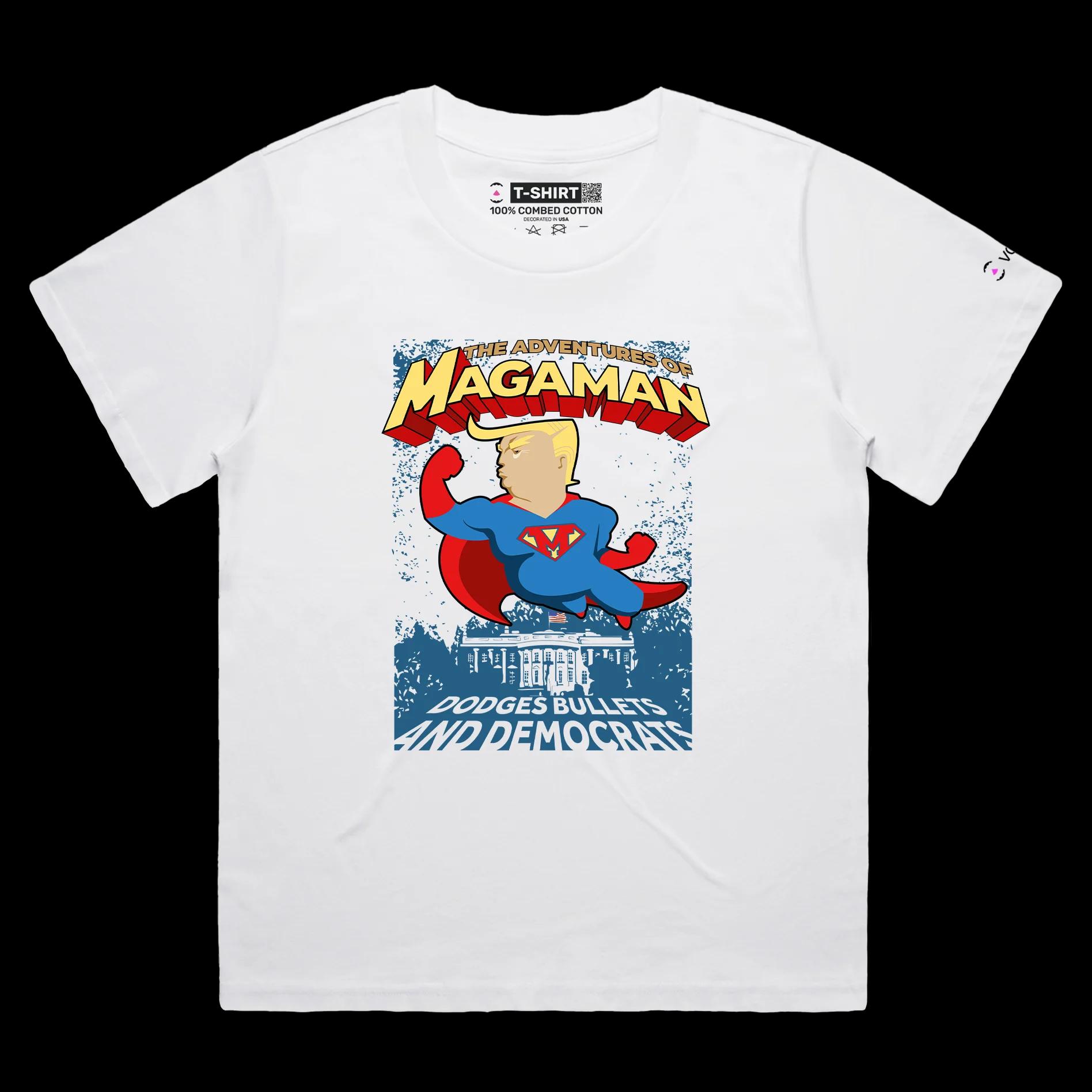 VOICEART White Female Loose President Trump The Adventures of Magaman Funny Shirt Premium Graphic MAGA 2024 Political Tee