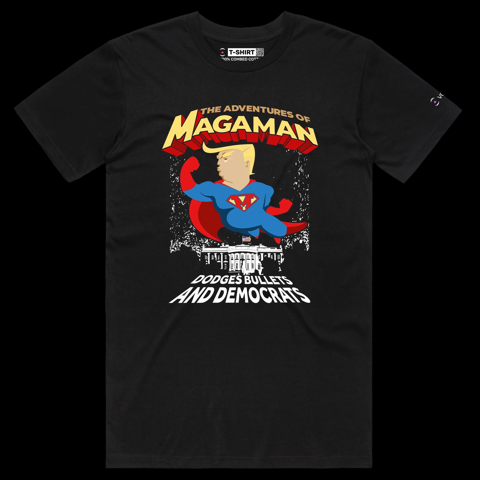 VOICEART Black Male Regular President Trump The Adventures of Magaman Funny Shirt Premium Graphic MAGA 2024 Political Tee