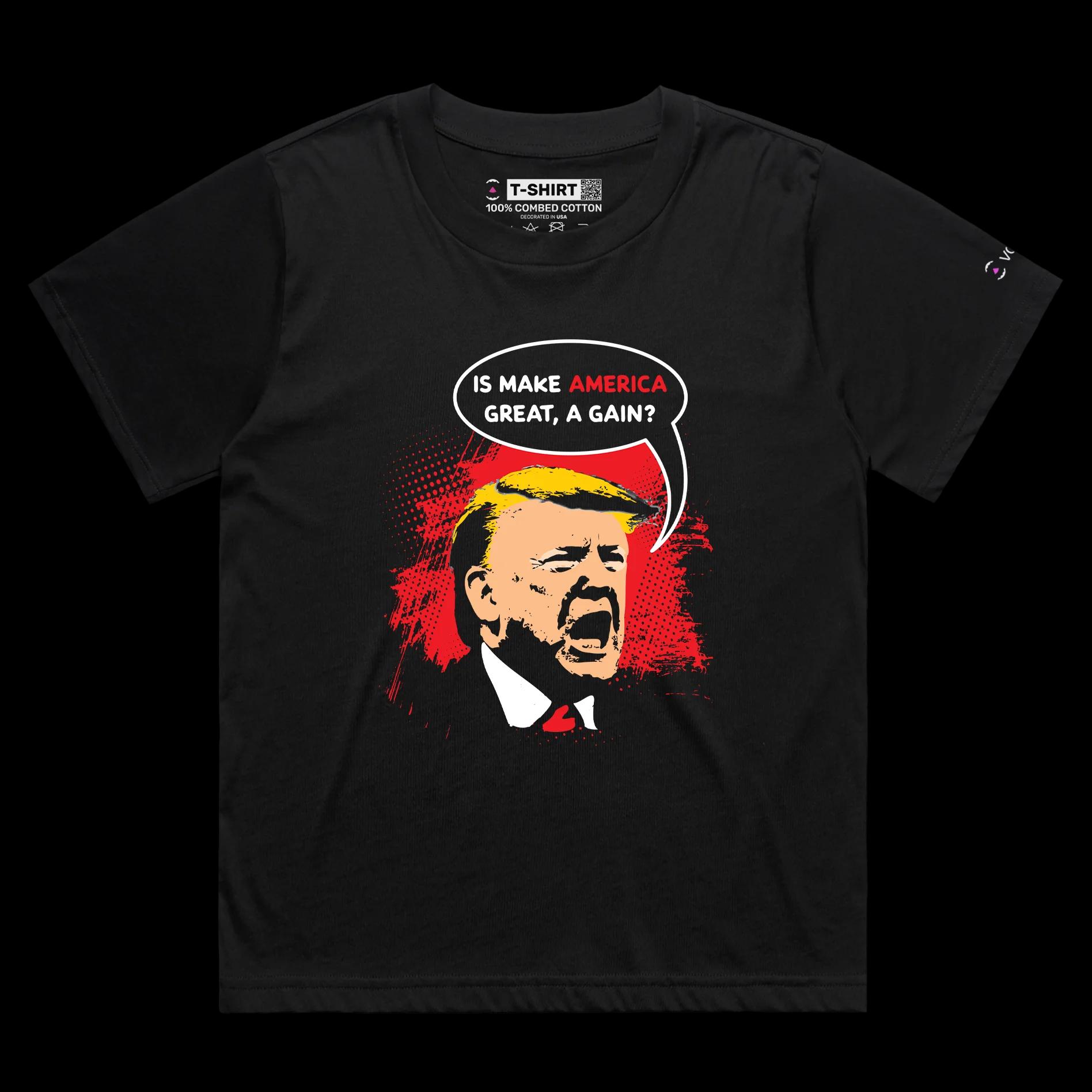 VOICEART Black Female Loose President Trump MAGA Rally 2024 T-Shirt Premium Quality Is MAGA a Gain Funny Political Tee