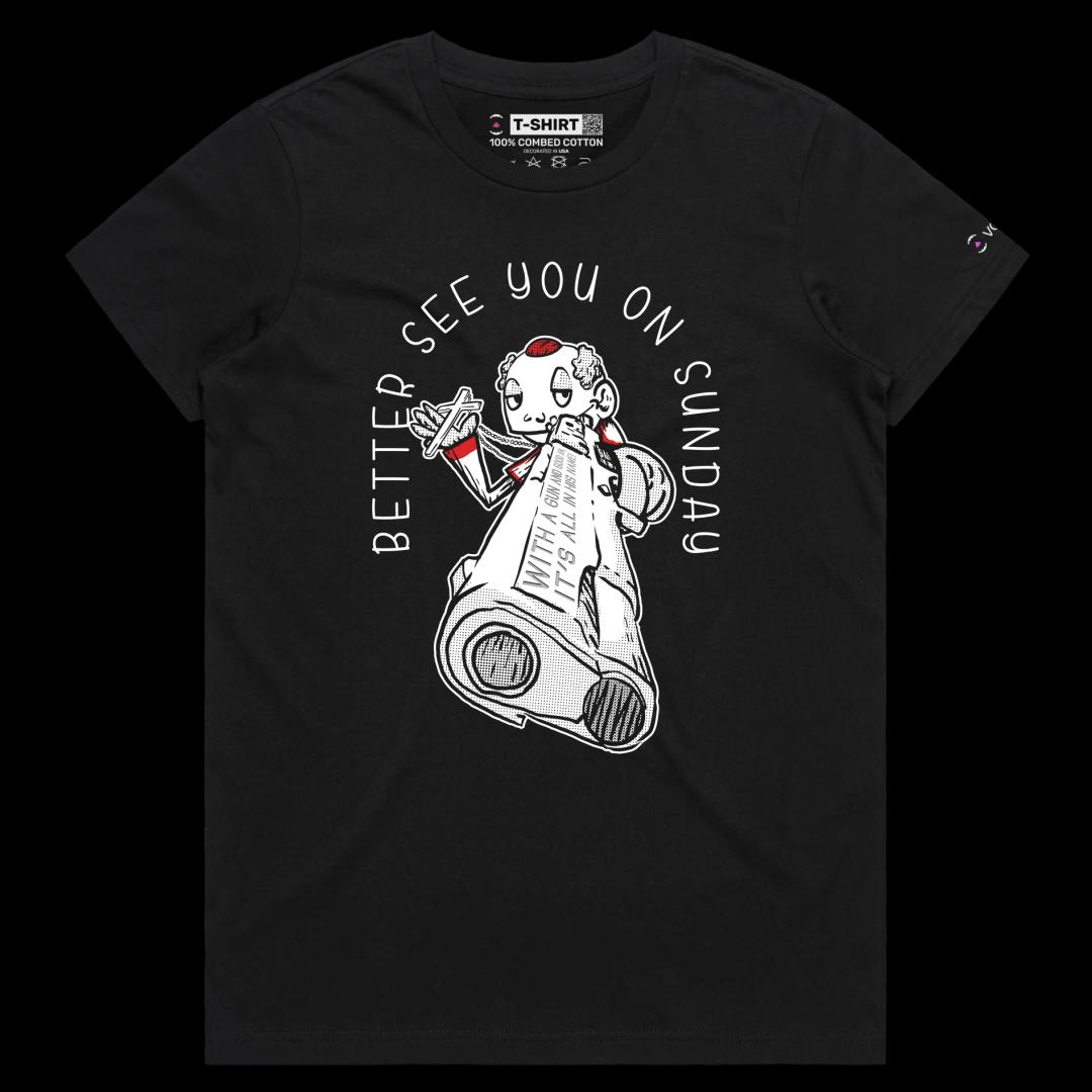 VOICEART Black Female Regular The Priest with a Gun Funny T-Shirt with Premium Quality Graphic Dark Humor Religious Tee