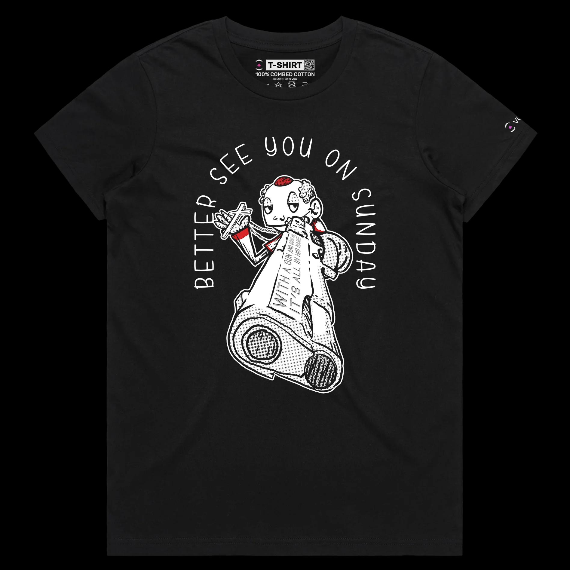 VOICEART Black Female Regular The Priest with a Gun Funny T-Shirt with Premium Quality Graphic Dark Humor Religious Tee