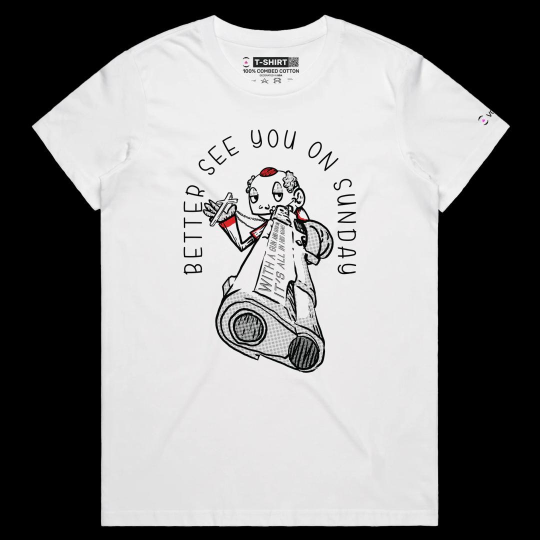 VOICEART White Female Regular The Priest with a Gun Funny T-Shirt with Premium Quality Graphic Dark Humor Religious Tee