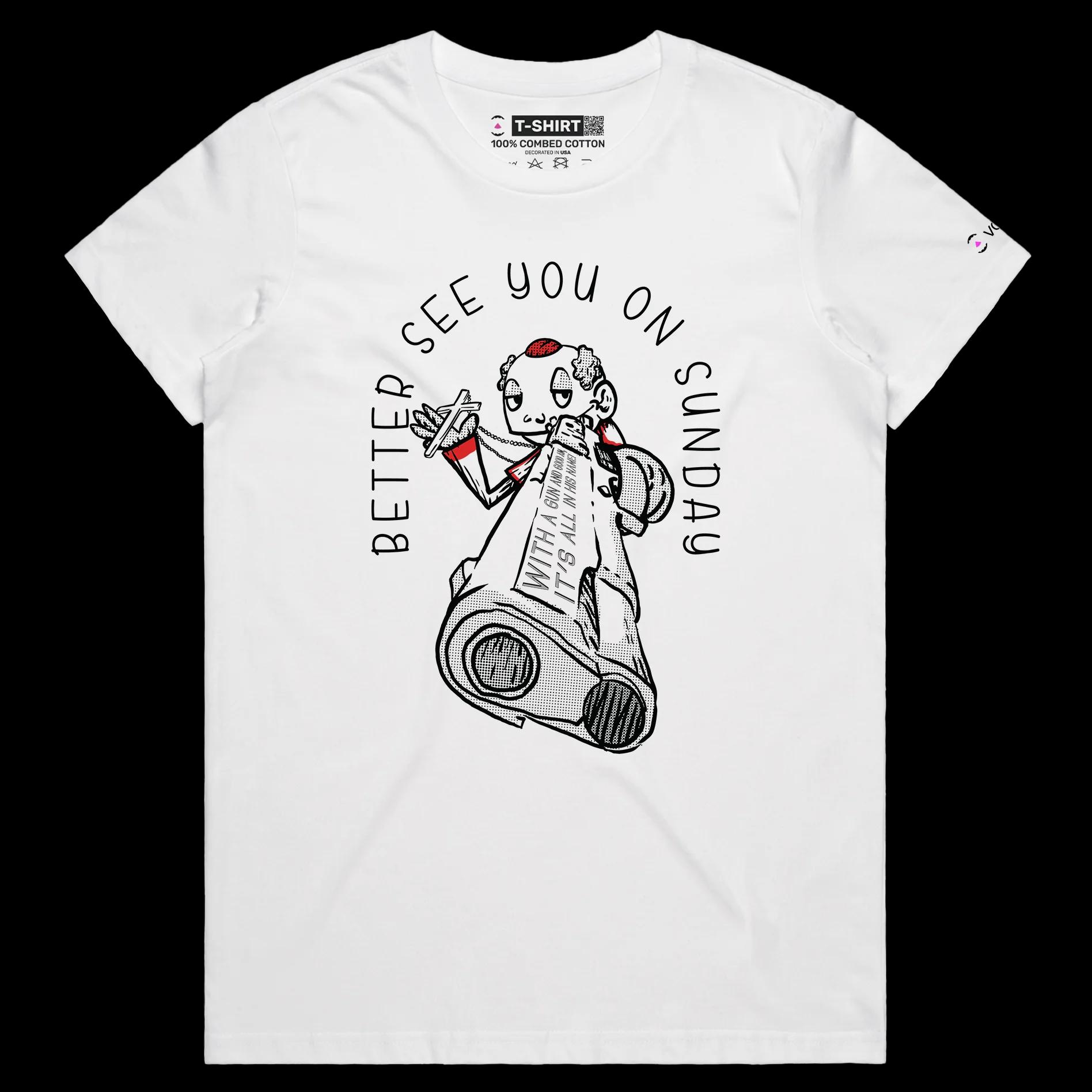 VOICEART White Female Regular The Priest with a Gun Funny T-Shirt with Premium Quality Graphic Dark Humor Religious Tee