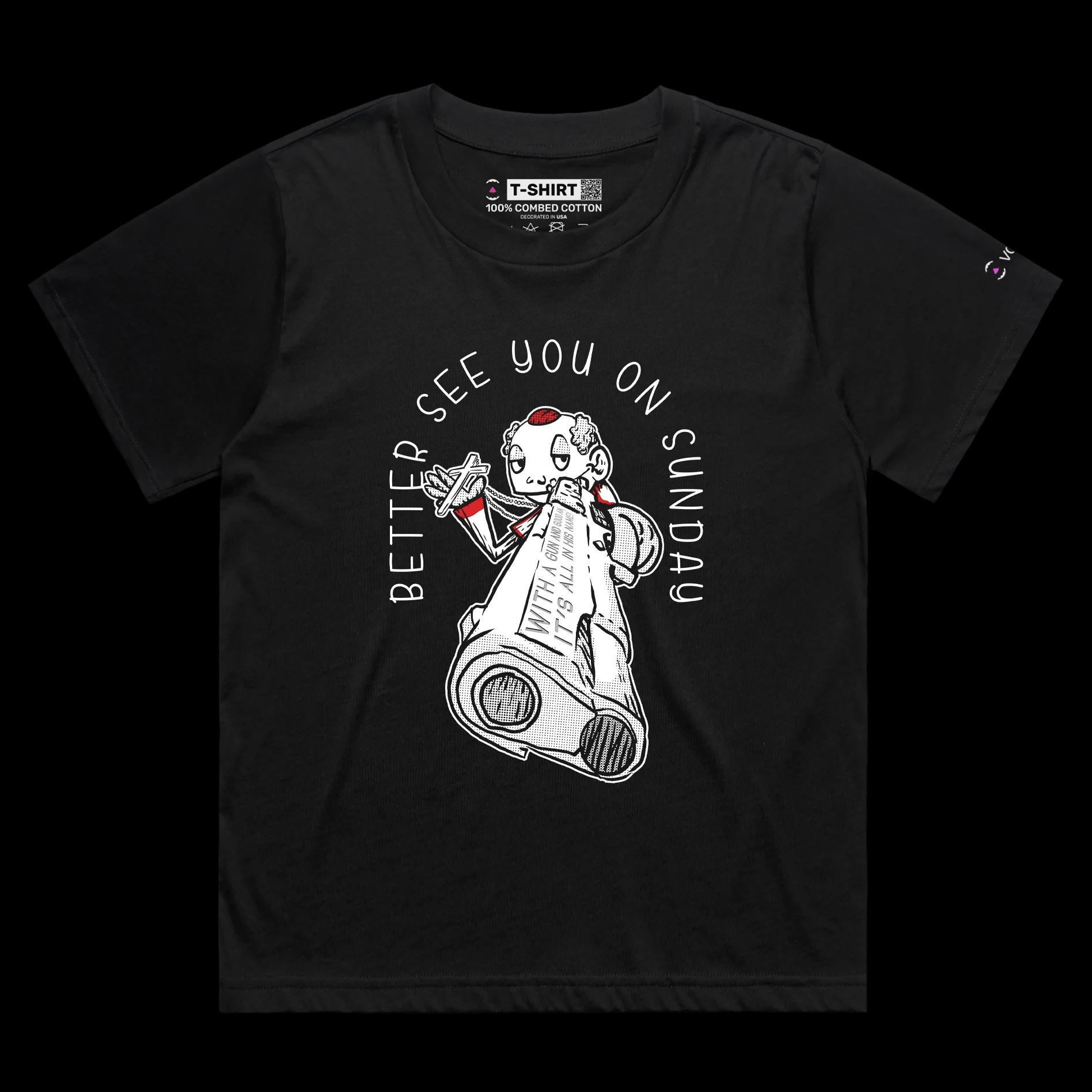 VOICEART Black Female Loose The Priest with a Gun Funny T-Shirt with Premium Quality Graphic Dark Humor Religious Tee