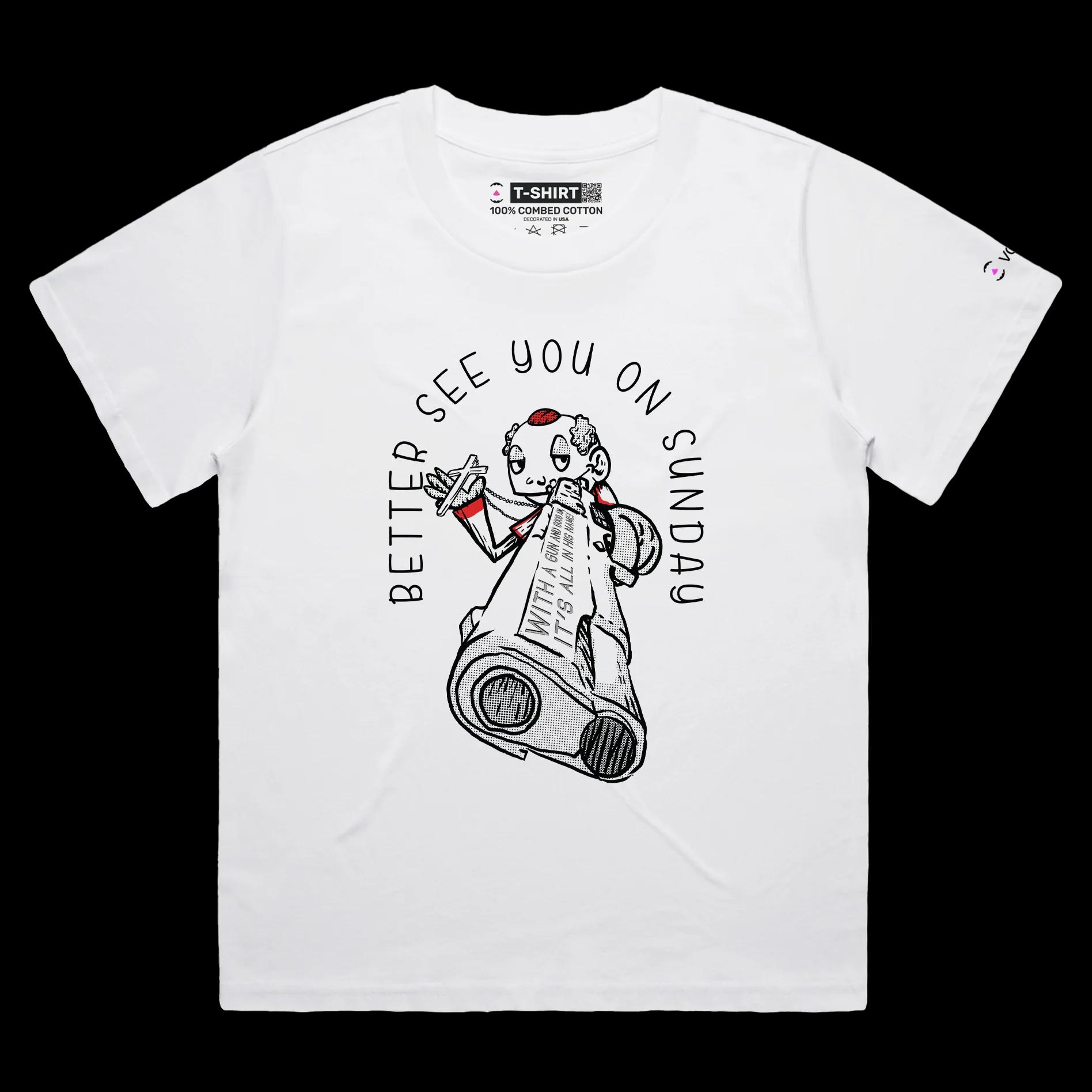 VOICEART White Female Loose The Priest with a Gun Funny T-Shirt with Premium Quality Graphic Dark Humor Religious Tee