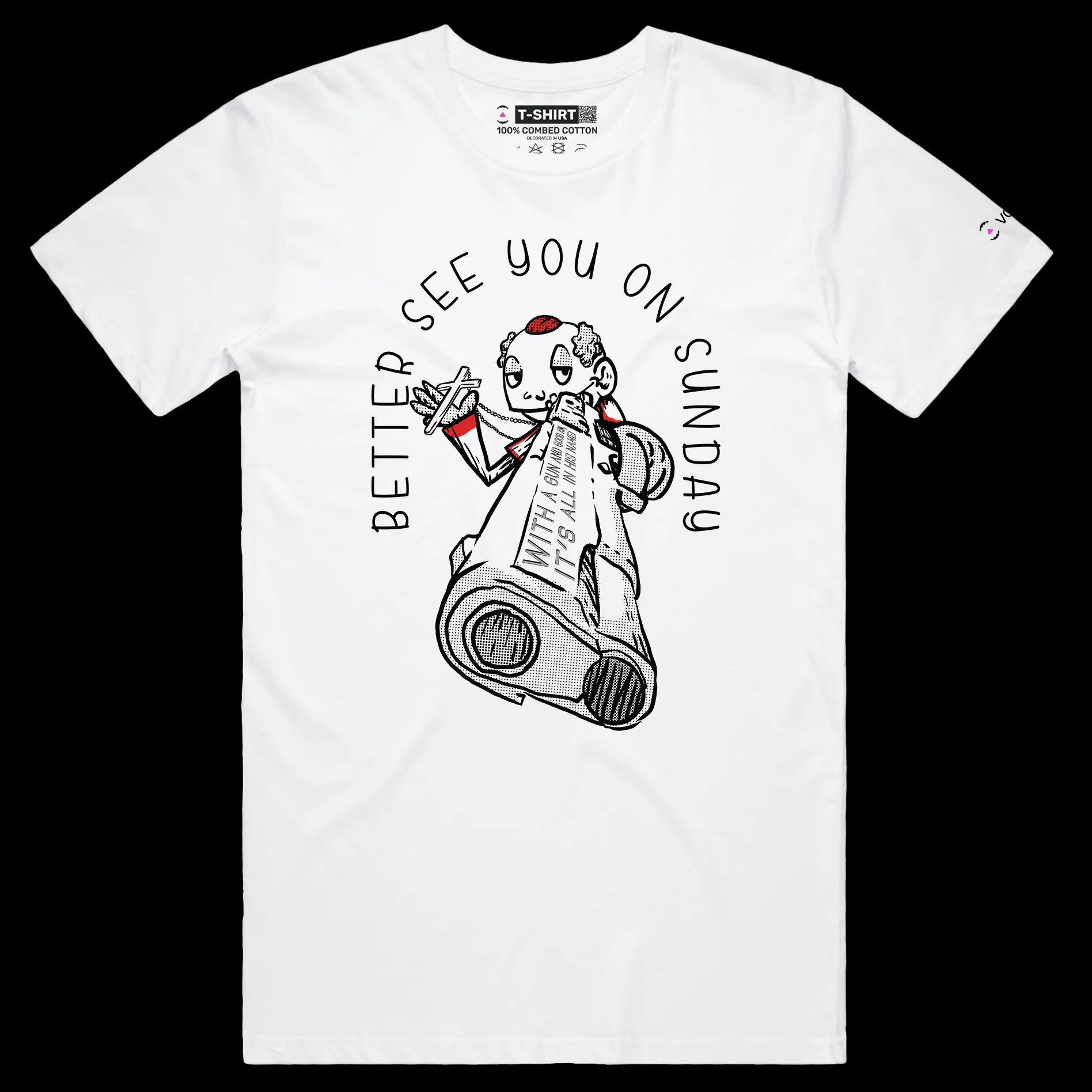 VOICEART White Male Regular The Priest with a Gun Funny T-Shirt with Premium Quality Graphic Dark Humor Religious Tee