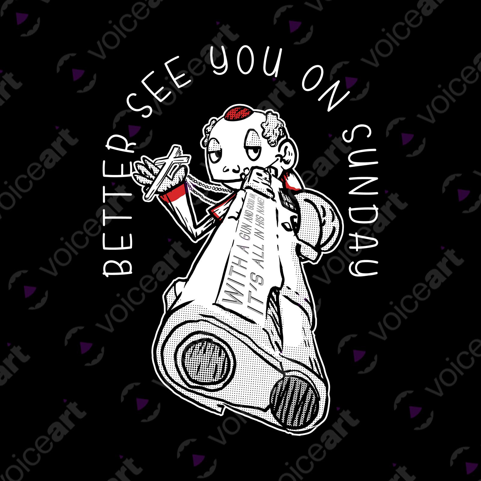 VOICEART Black Watermark The Priest with a Gun Funny T-Shirt with Premium Quality Graphic Dark Humor Religious Tee