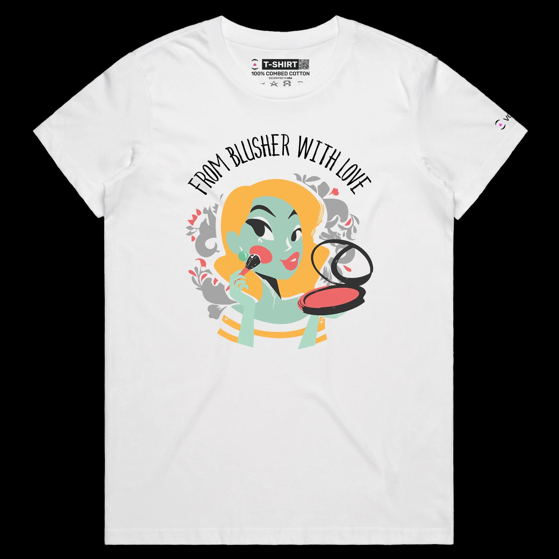 VOICEART White Female Regular Blusher Makeup Funny T-Shirt Premium Quality Graphic Design Beauty and Lipstick Wordplay Tee