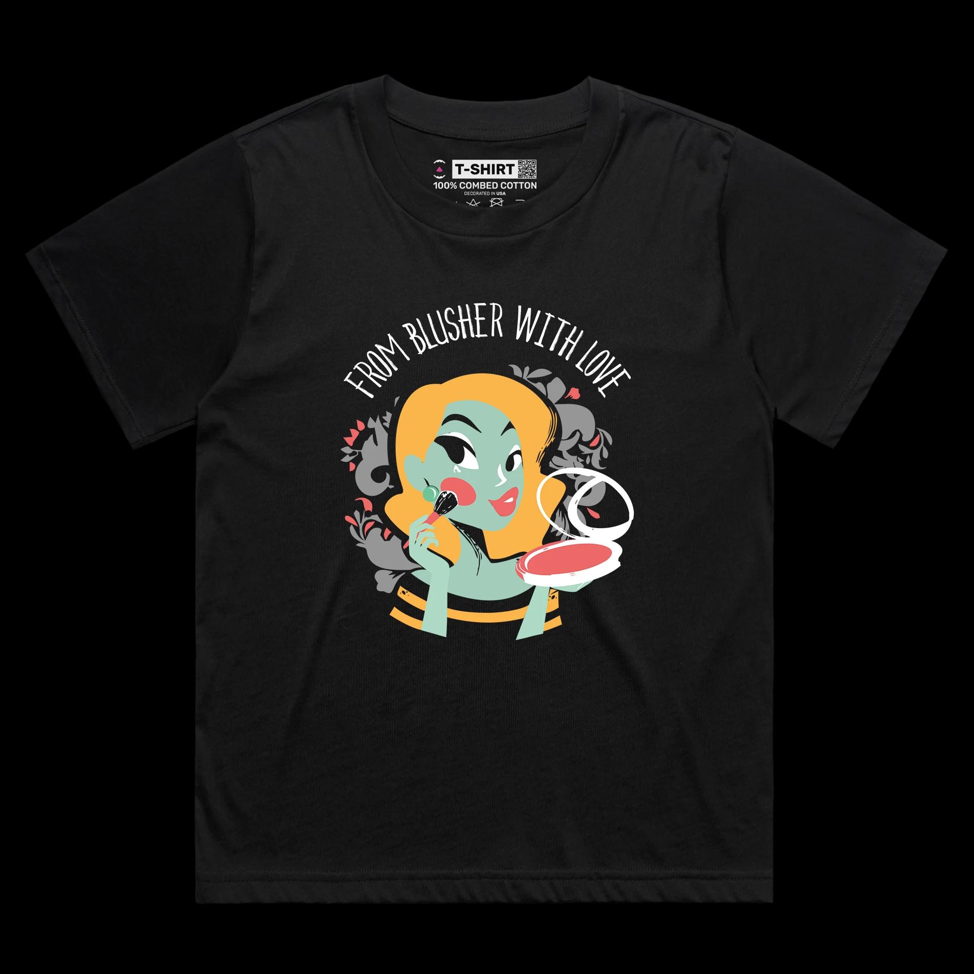 VOICEART Black Female Loose Blusher Makeup Funny T-Shirt Premium Quality Graphic Design Beauty and Lipstick Wordplay Tee