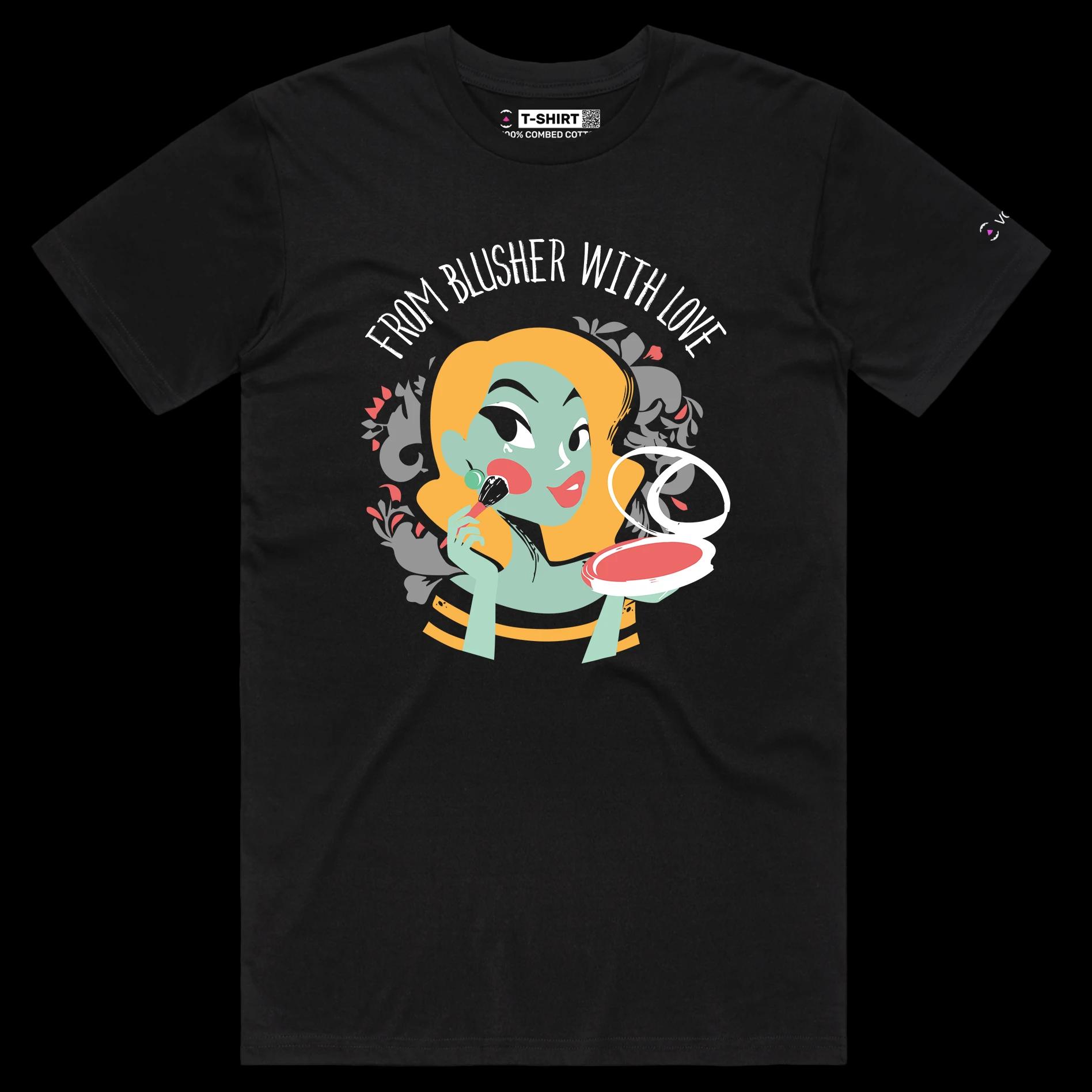 VOICEART Black Male Regular Blusher Makeup Funny T-Shirt Premium Quality Graphic Design Beauty and Lipstick Wordplay Tee