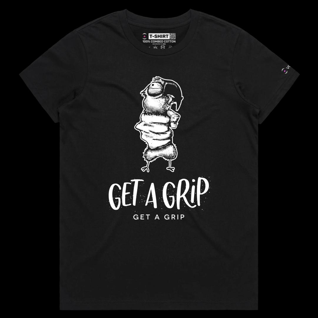 VOICEART Black Female Regular Choking the Parrot Funny Animals T-Shirt Premium Quality Graphic Design Get a Grip Wordplay Tee
