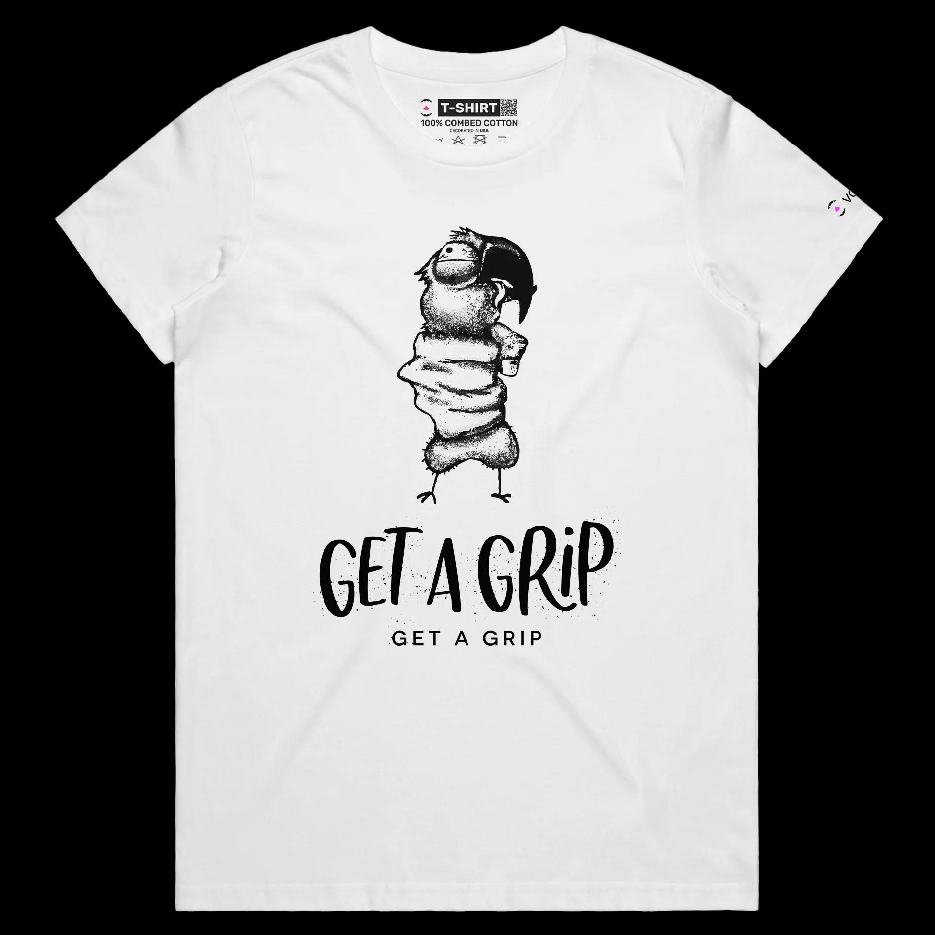 VOICEART White Female Regular Choking the Parrot Funny Animals T-Shirt Premium Quality Graphic Design Get a Grip Wordplay Tee