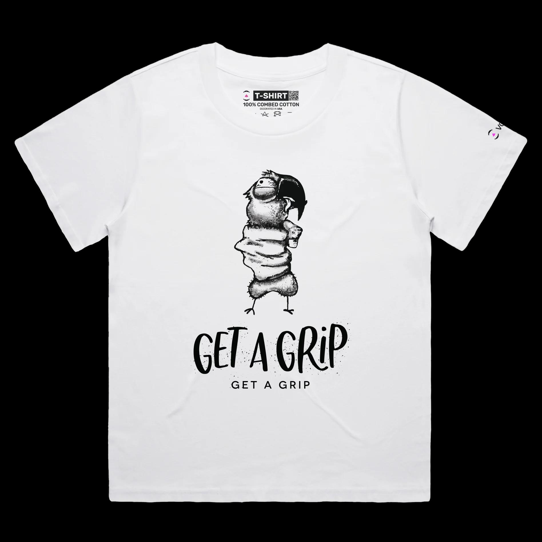VOICEART White Female Loose Choking the Parrot Funny Animals T-Shirt Premium Quality Graphic Design Get a Grip Wordplay Tee