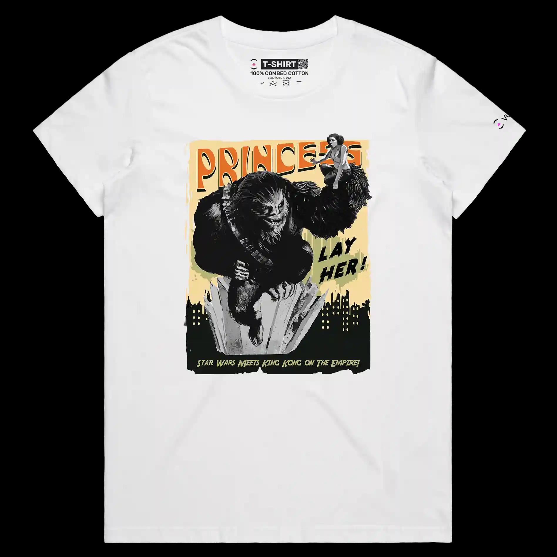 VOICEART White Female Regular Chewbacca as King Kong Funny T-Shirt with Premium Graphic Movie Themed Princess Leia Tee