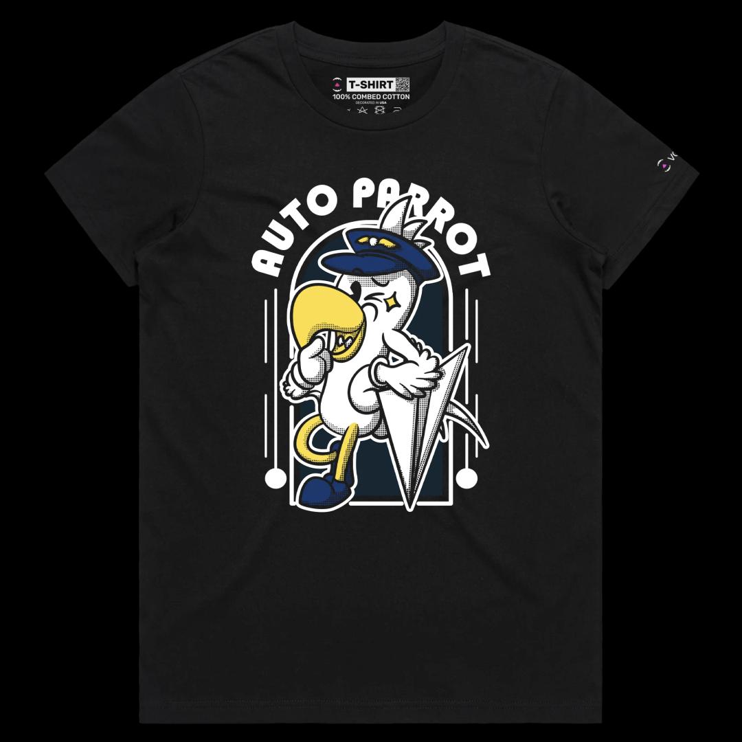 VOICEART Black Female Regular Auto Parrot Funny Animals Shirt Premium Graphic Bird in a Pilot Uniform Wordplay Tee