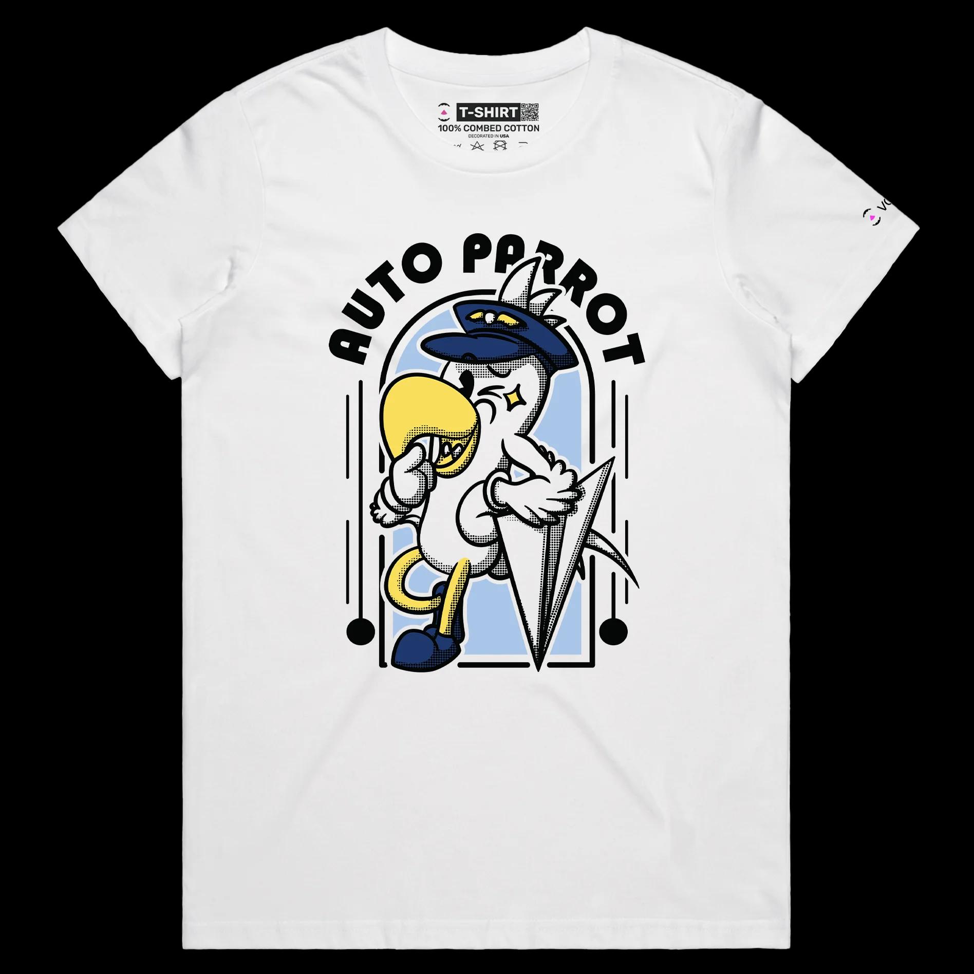 VOICEART White Female Regular Auto Parrot Funny Animals Shirt Premium Graphic Bird in a Pilot Uniform Wordplay Tee
