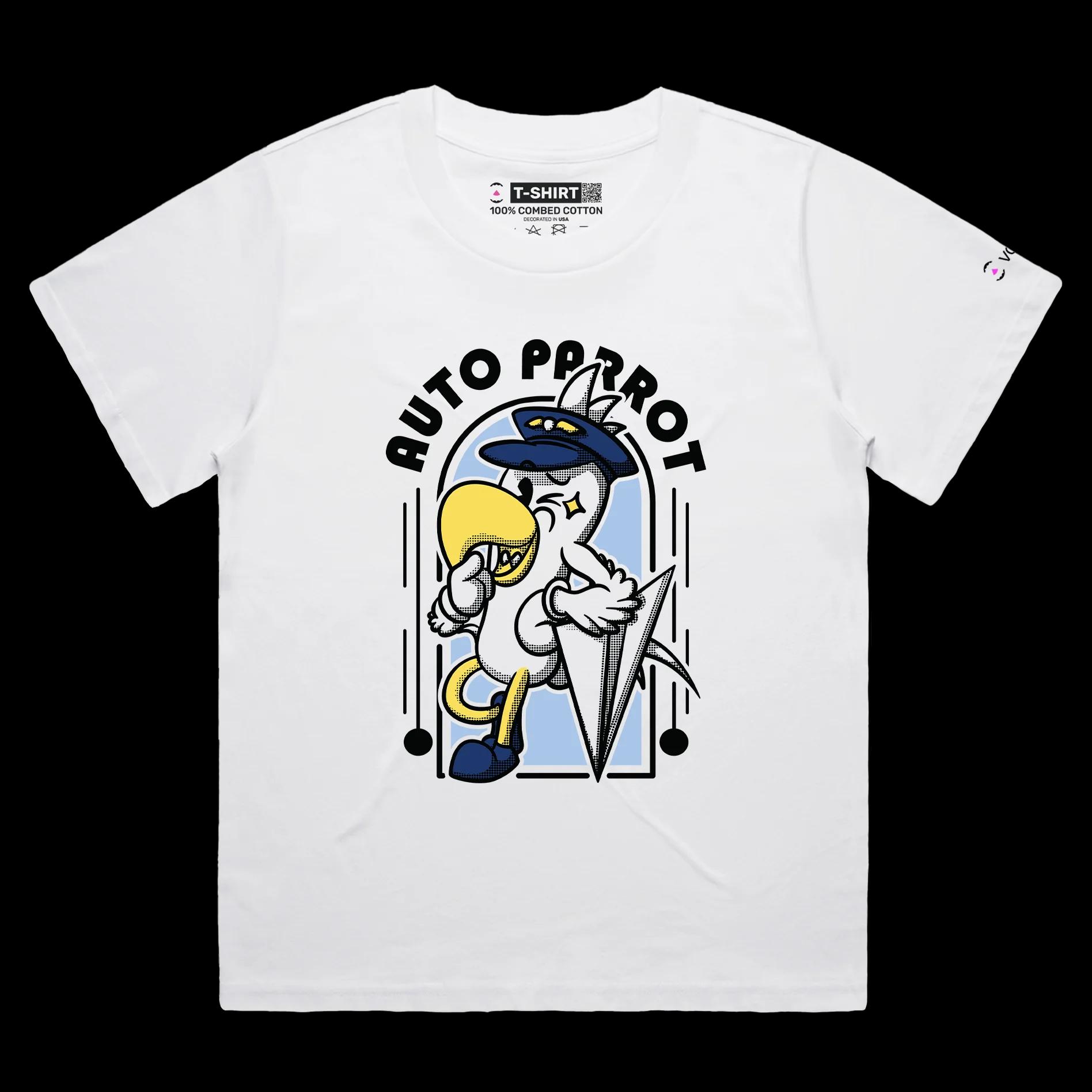 VOICEART White Female Loose Auto Parrot Funny Animals Shirt Premium Graphic Bird in a Pilot Uniform Wordplay Tee