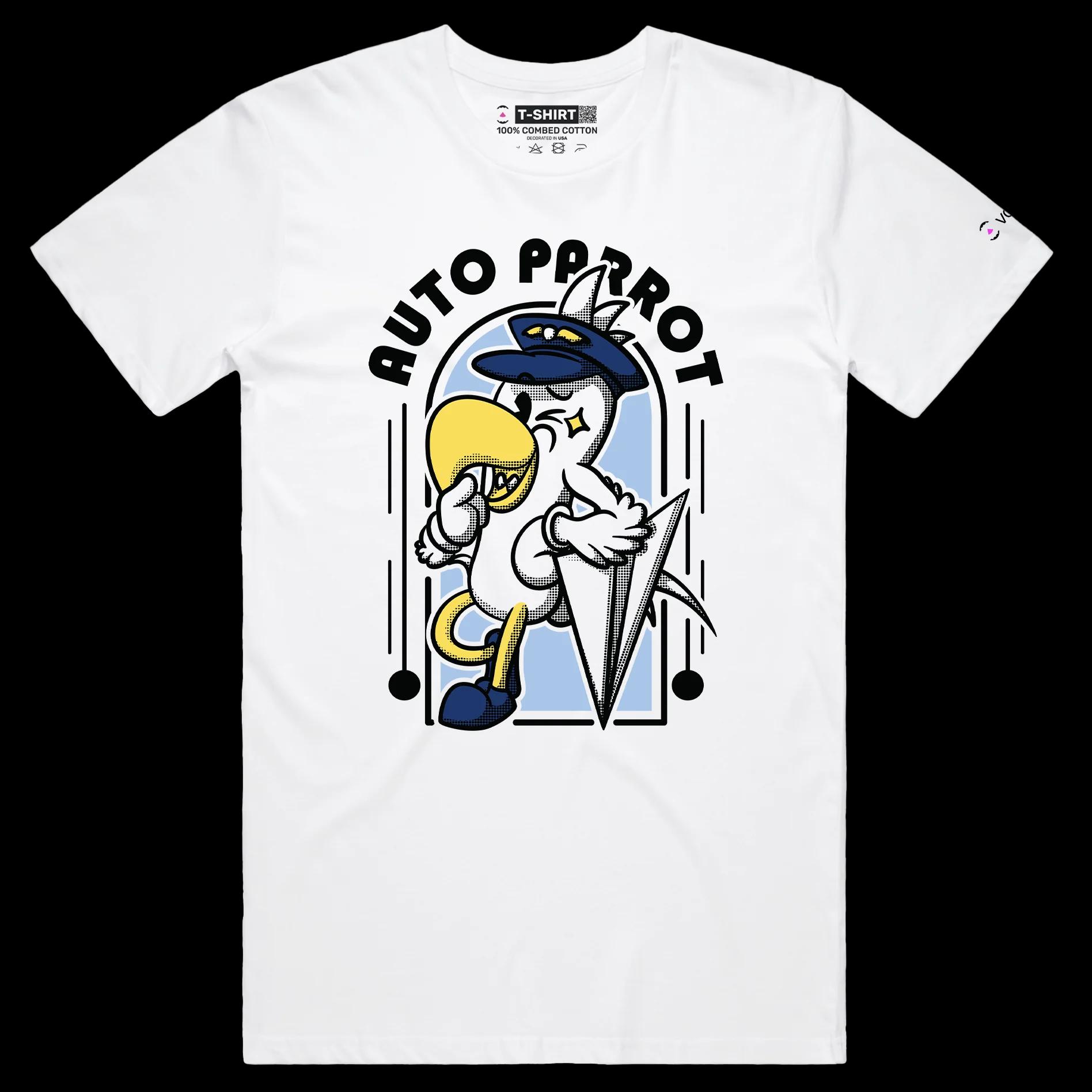 VOICEART White Male Regular Auto Parrot Funny Animals Shirt Premium Graphic Bird in a Pilot Uniform Wordplay Tee