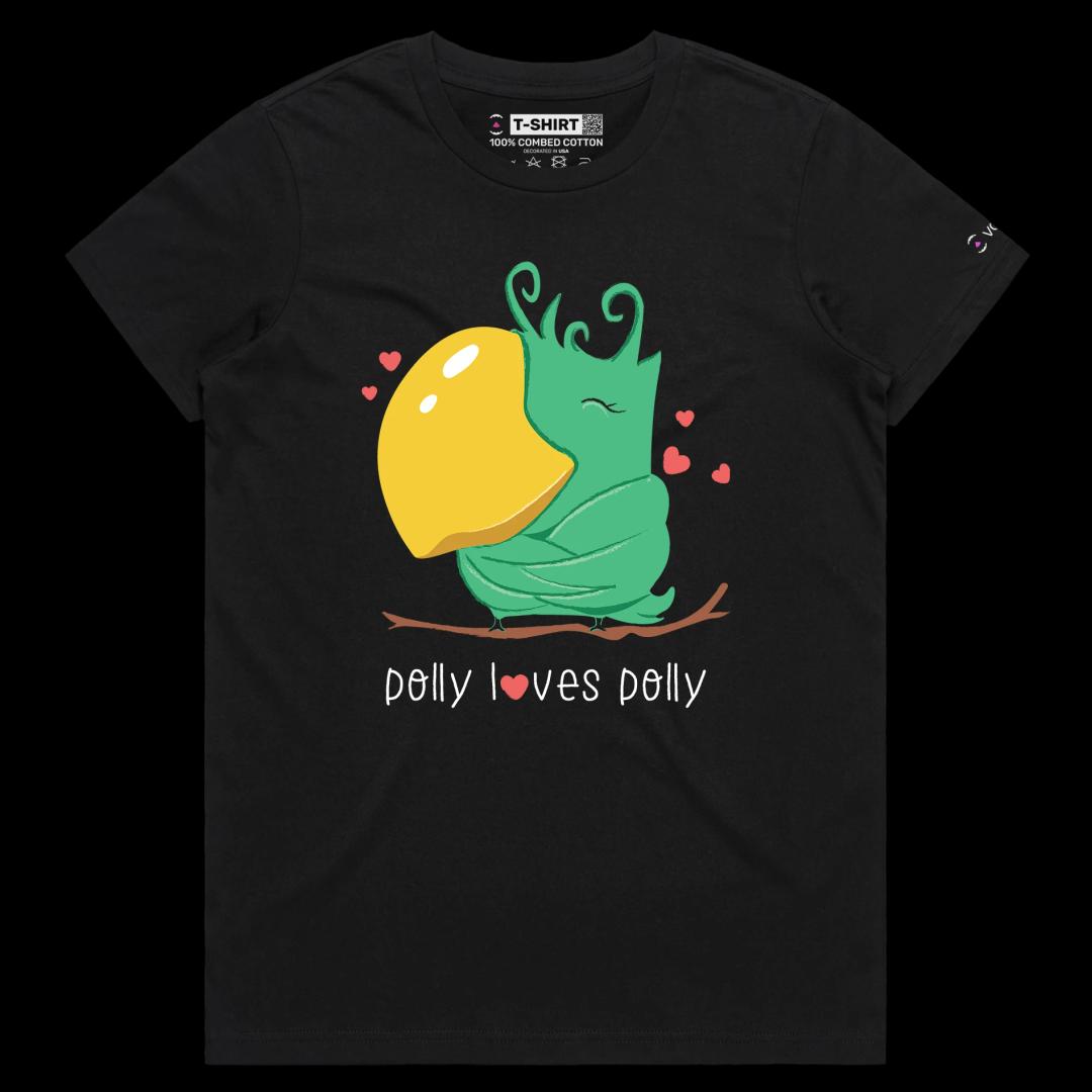 VOICEART Black Female Regular Polly Loves Polly Funny Animals T-Shirt Premium Graphic Narcissist Parrot Wordplay Tee