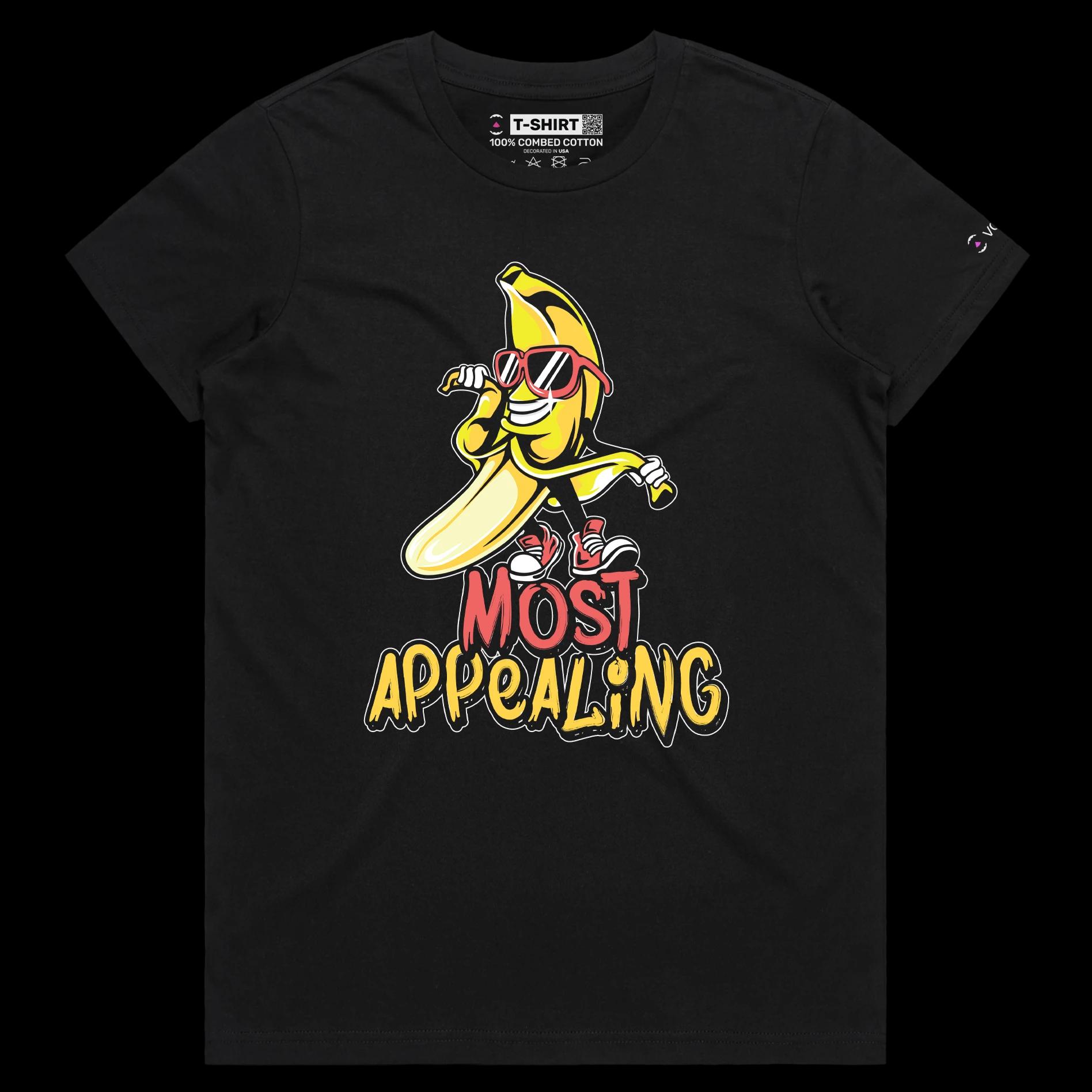 VOICEART Black Female Regular Cool Banana with Sunglasses Funny Fruits T-Shirt with Premium Quality Graphic Appealing