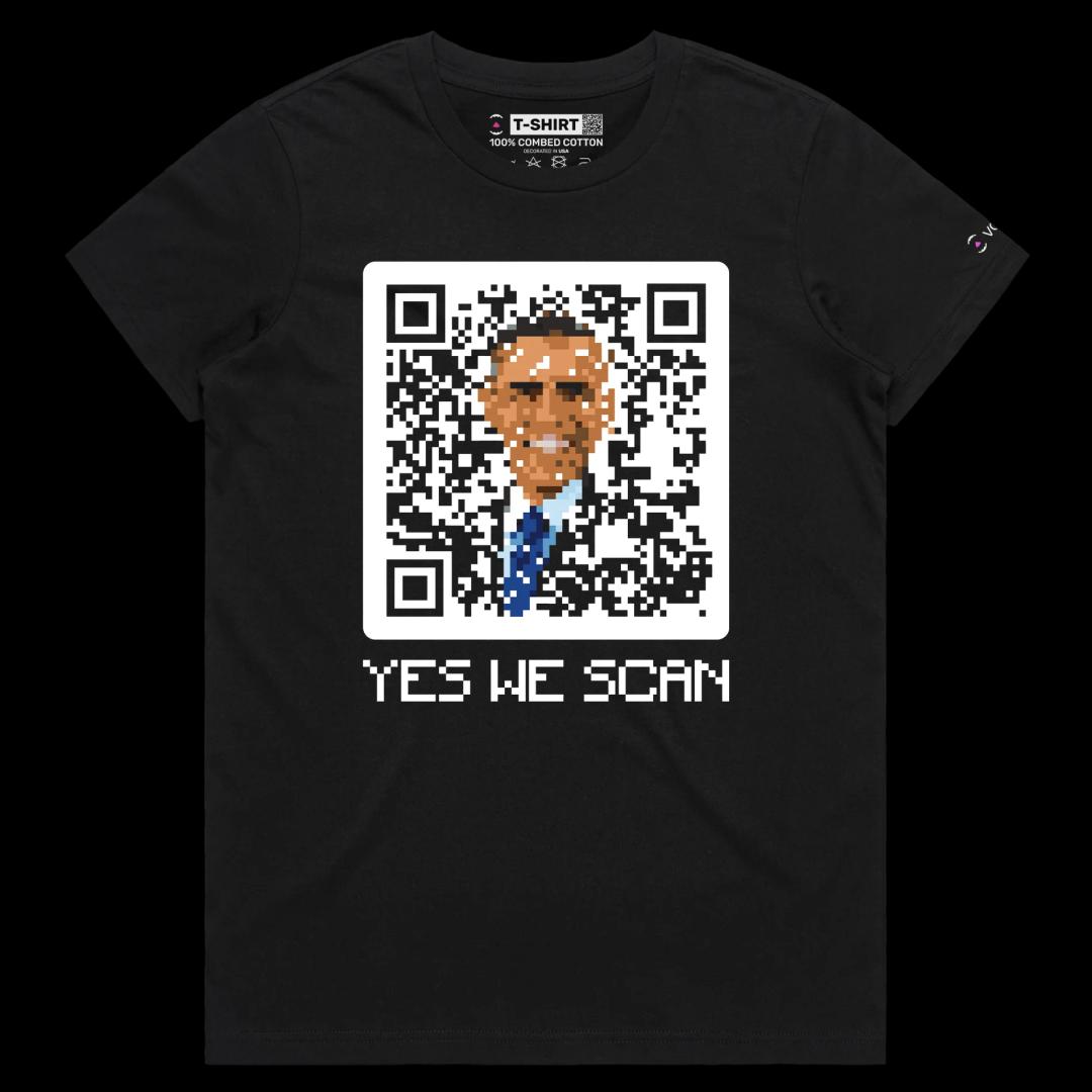 VOICEART Black Female Regular Barack Obama QR Code Funny Politics T-Shirt Premium Graphic Uncle Sam is Watching Tee