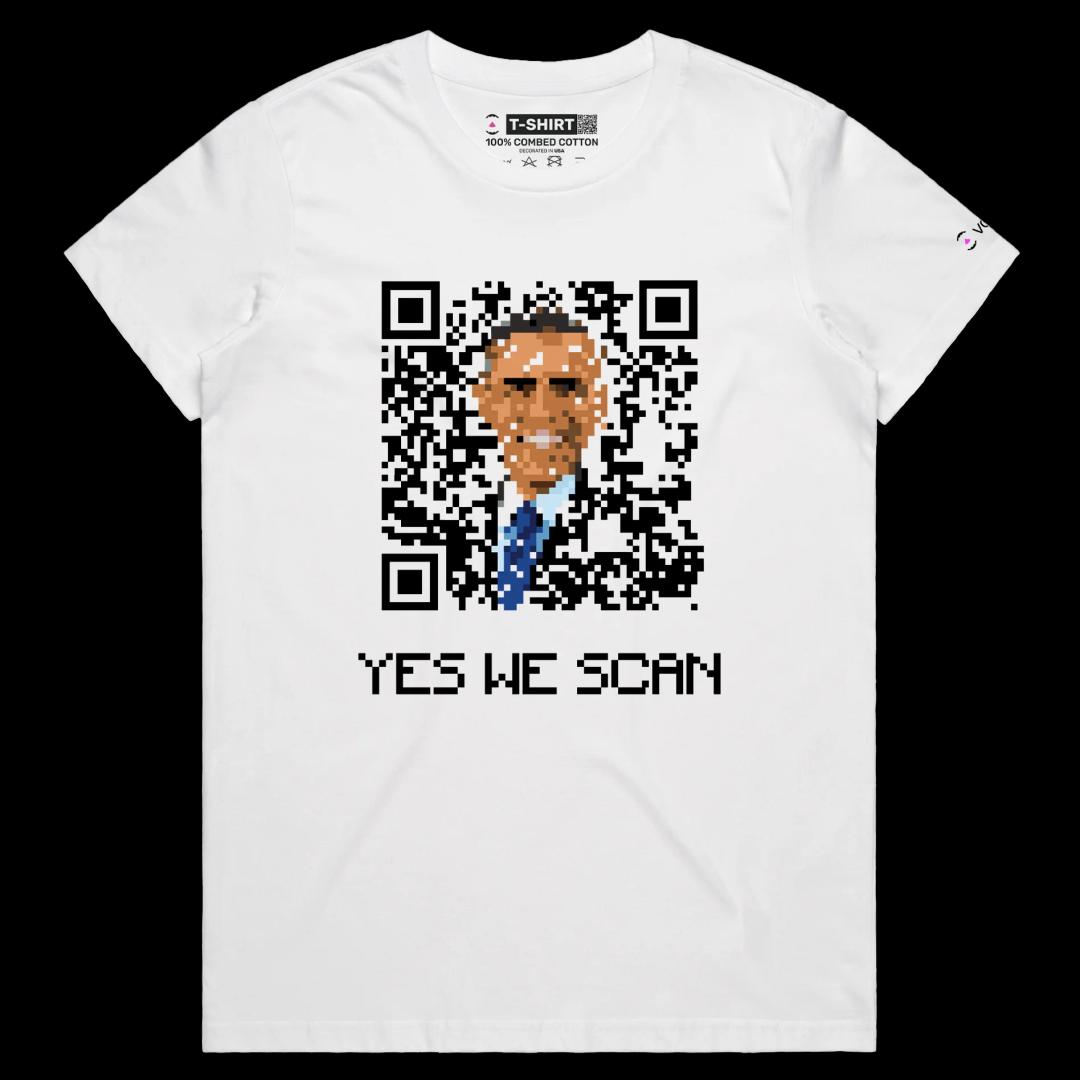 VOICEART White Female Regular Barack Obama QR Code Funny Politics T-Shirt Premium Graphic Uncle Sam is Watching Tee