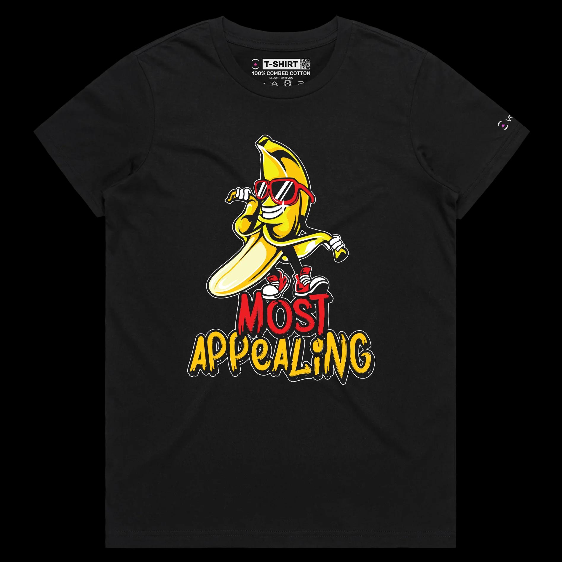 VOICEART Black Female Regular Cool Banana with Sunglasses Funny Fruits T-Shirt with Premium Quality Graphic Appealing
