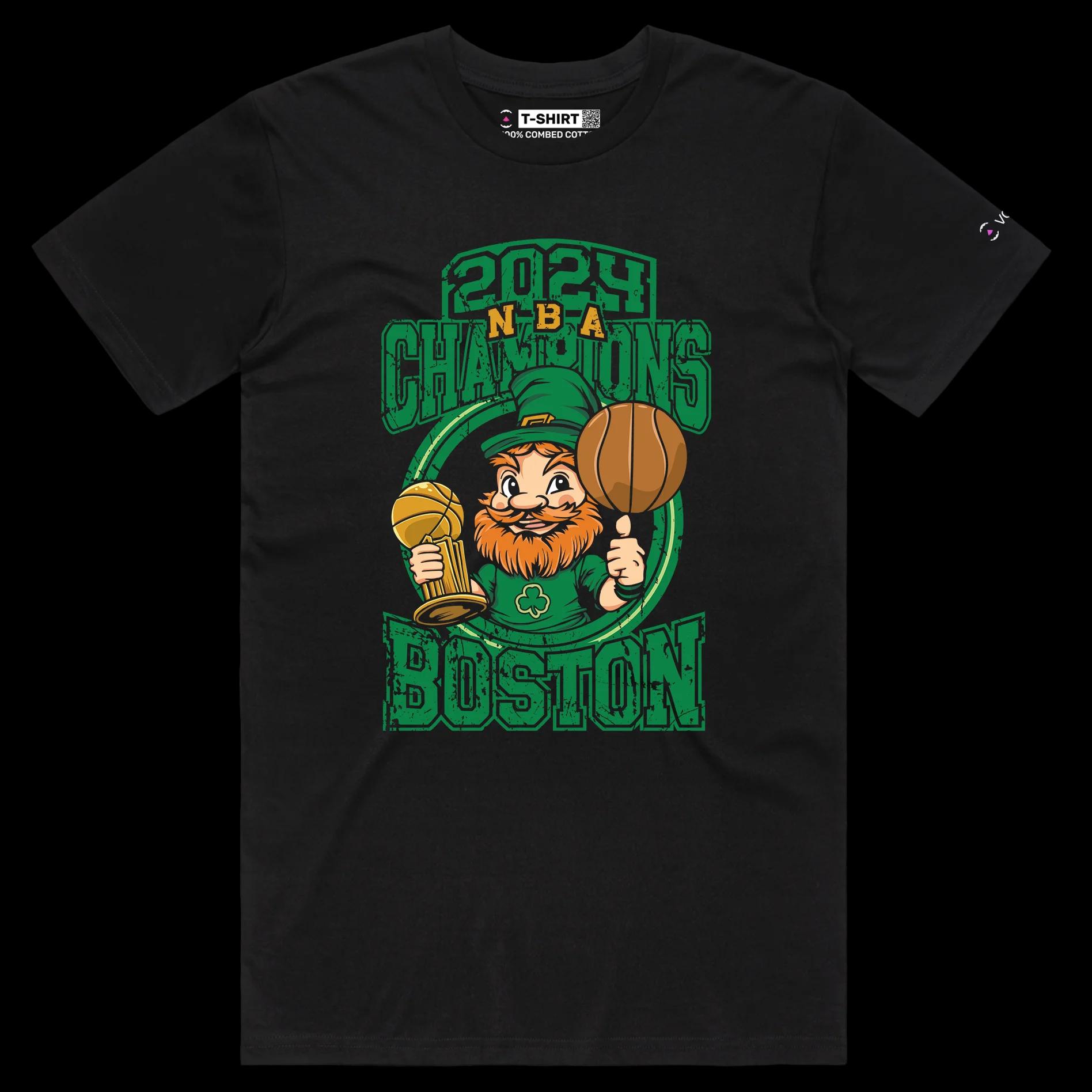 VOICEART Black Male Regular NBA Champions 2024 Sports Shirt Premium Quality Celt Trophy Boston Own Tee for Basketball Fans