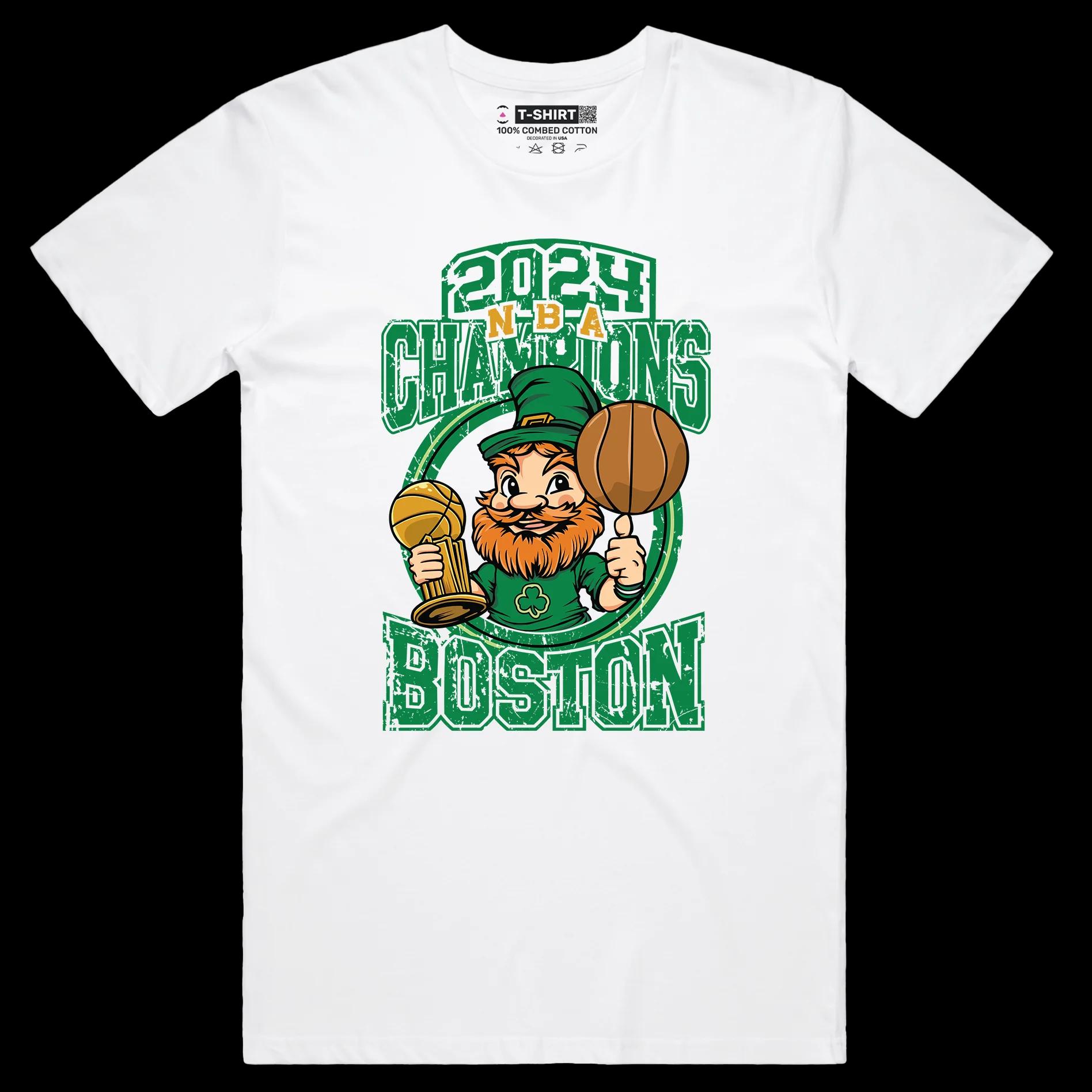 VOICEART White Male Regular NBA Champions 2024 Sports Shirt Premium Quality Celt Trophy Boston Own Tee for Basketball Fans