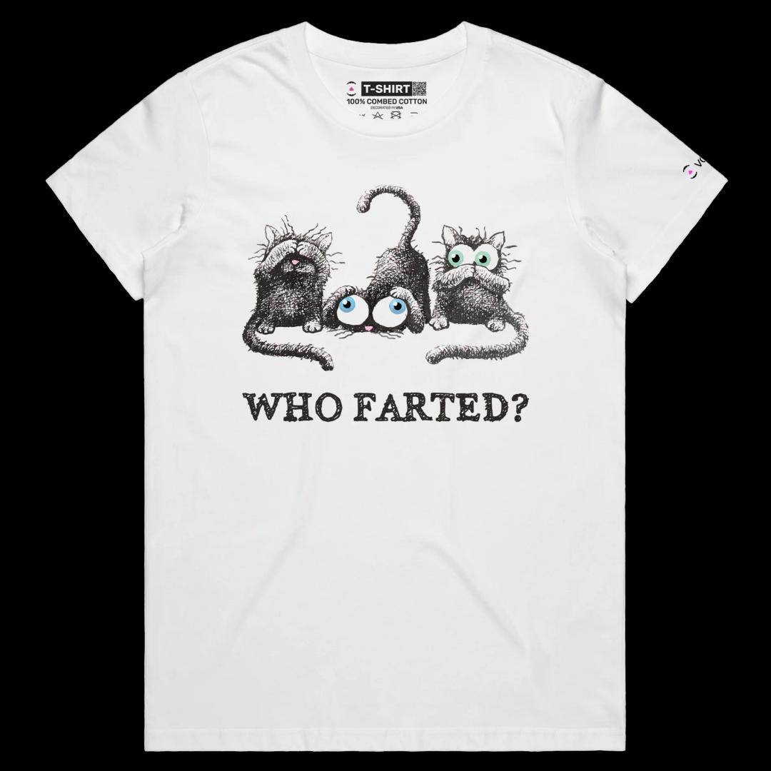 VOICEART White Female Regular Who Farted Funny Animals T-Shirt Premium Graphic High Quality Design Confused Smelly Cats Tee