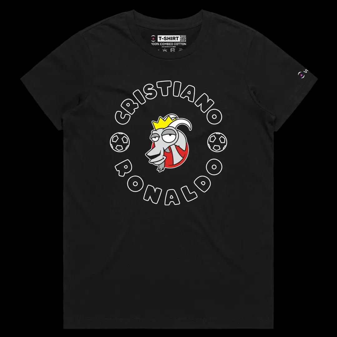VOICEART Black Female Regular Cristiano The GOAT Series T-Shirt Premium Graphic Portugal’s Own Superstar Tee for Soccer Fans