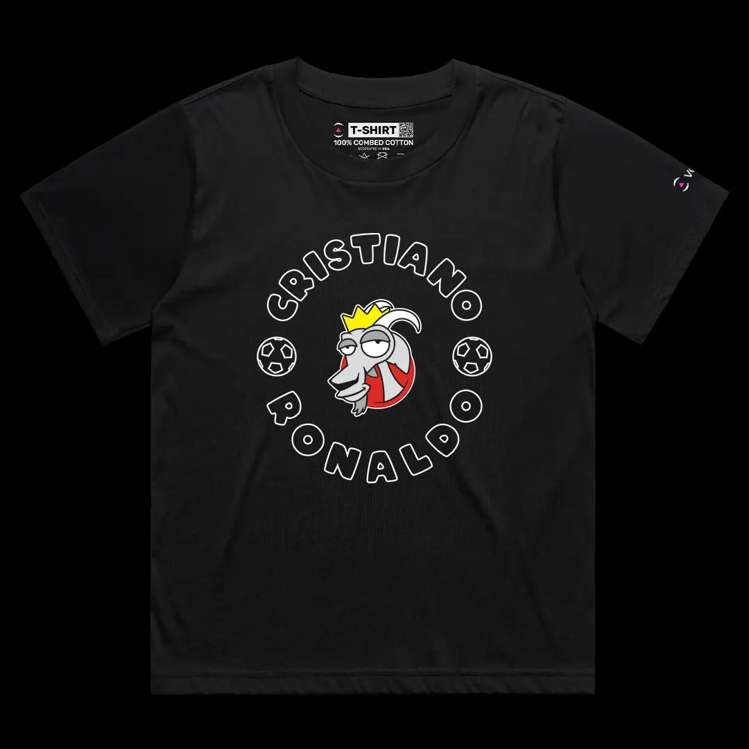 VOICEART Black Female Loose Cristiano The GOAT Series T-Shirt Premium Graphic Portugal’s Own Superstar Tee for Soccer Fans