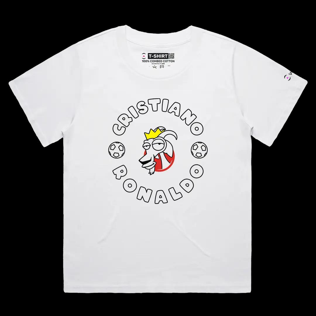 VOICEART White Female Loose Cristiano The GOAT Series T-Shirt Premium Graphic Portugal’s Own Superstar Tee for Soccer Fans