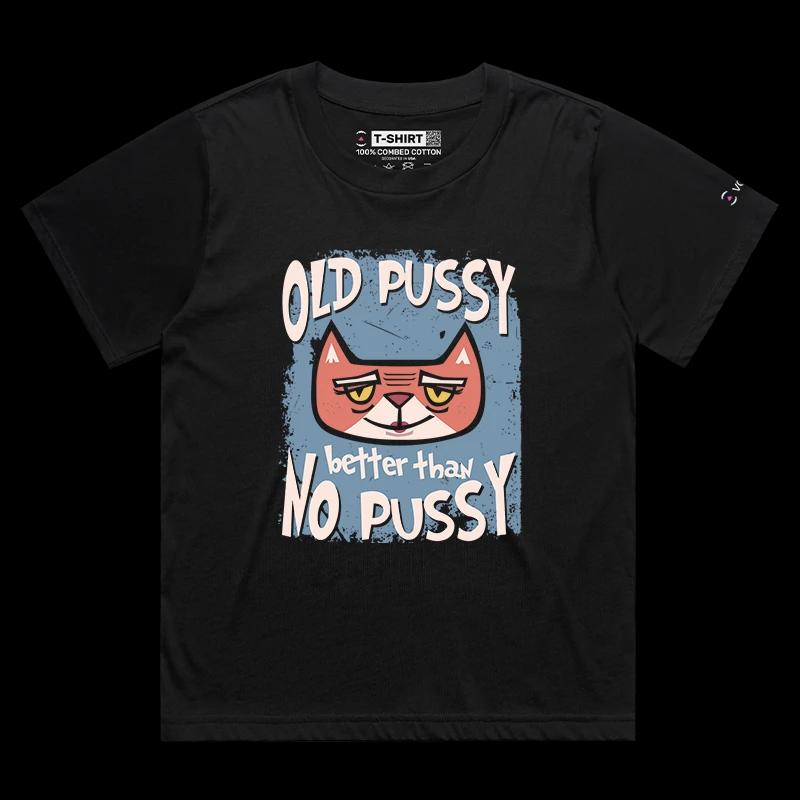 VOICEART Black Female Loose Old Cat Funny Animals T-Shirt with Premium Quality Design and Double Meaning Aged Pussy Tee