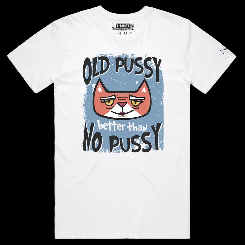 VOICEART White Male Regular Old Cat Funny Animals T-Shirt with Premium Quality Design and Double Meaning Aged Pussy Tee