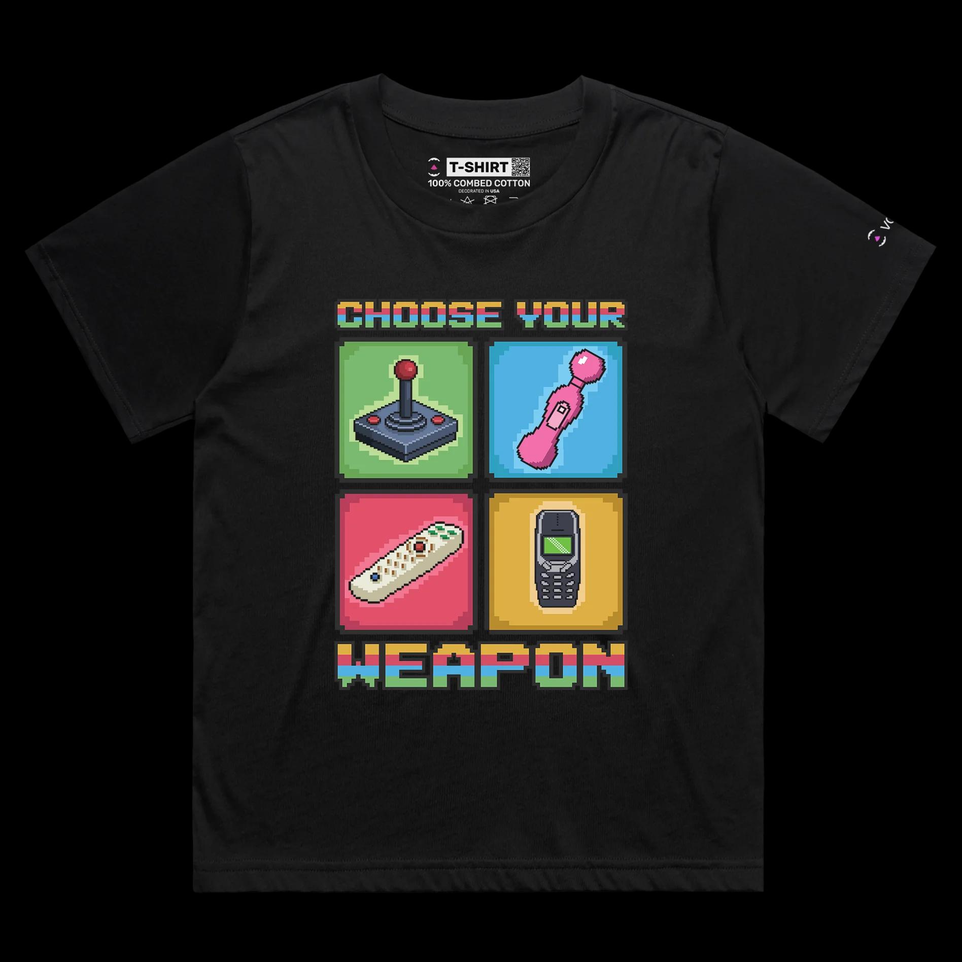VOICEART Black Female Loose Choose Your Weapon for Good Vibes Funny T-shirt with Premium Tee with Vibrating Accessories