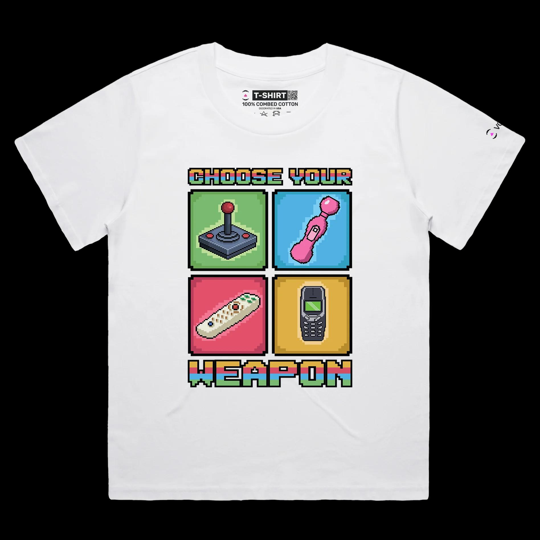 VOICEART White Female Loose Choose Your Weapon for Good Vibes Funny T-shirt with Premium Tee with Vibrating Accessories