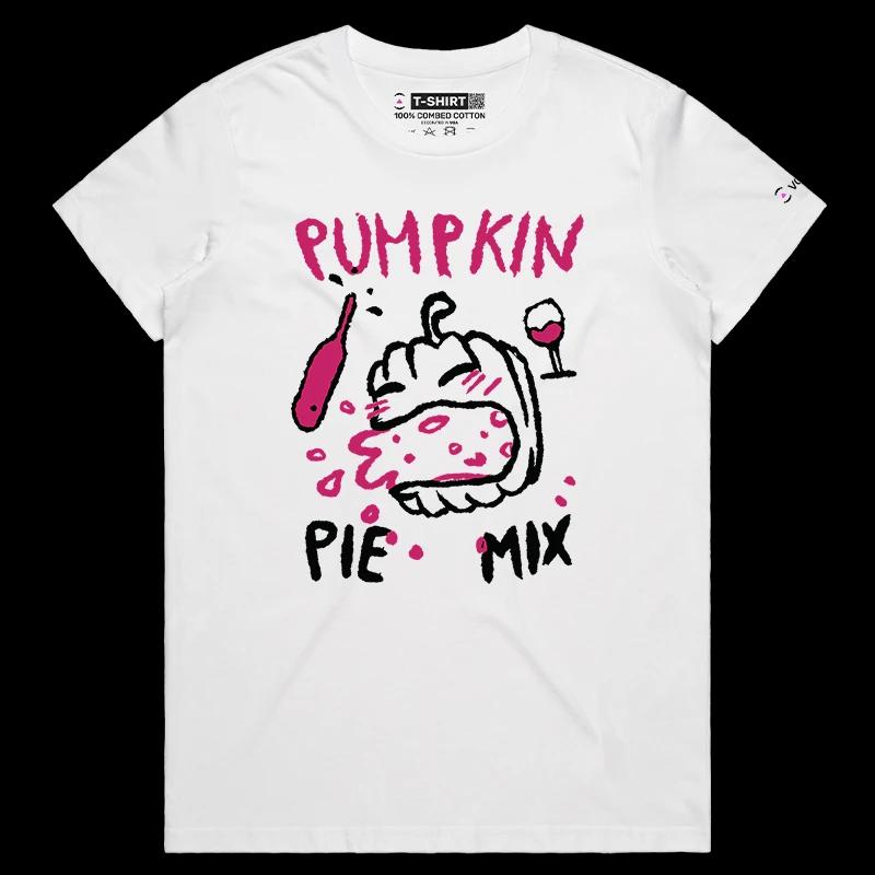 VOICEART White Female Regular Pumpkin Pie Mix Funny T-Shirt for Adults with Premium Graphic Happy Halloween Tee Play on Words