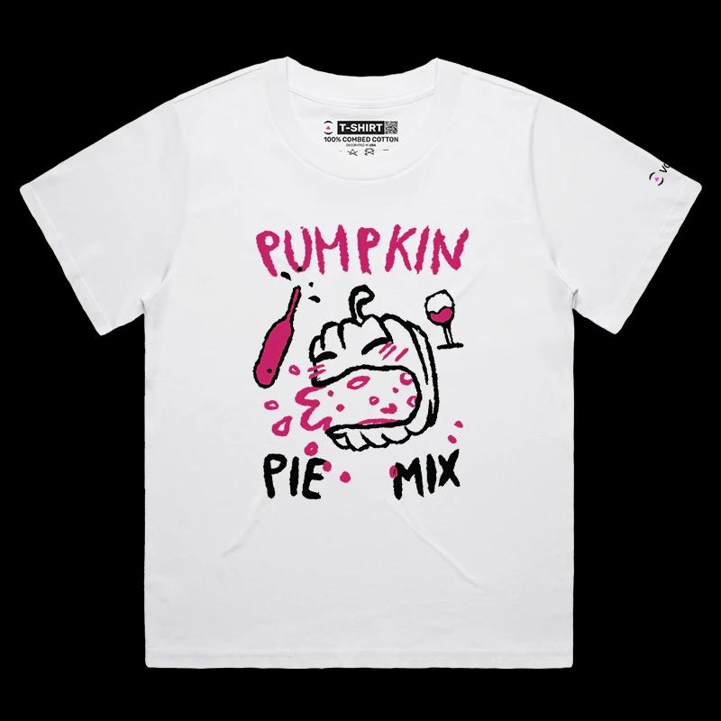 VOICEART White Female Loose Pumpkin Pie Mix Funny T-Shirt for Adults with Premium Graphic Happy Halloween Tee Play on Words