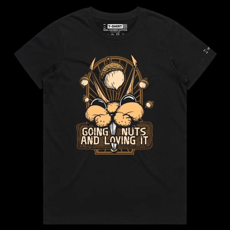 VOICEART Black Female Regular Squirrel Going Nuts Funny Animals T-Shirt with Premium Quality Graphic Bush Going Crazy Tee