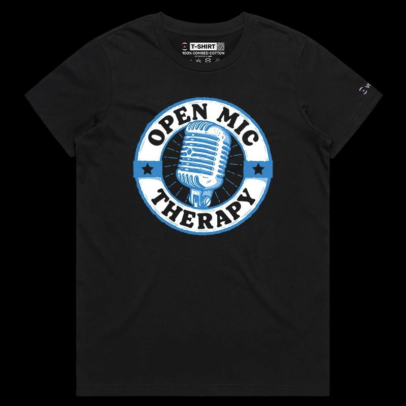 VOICEART Black Female Regular Open Mic Therapy Funny T-Shirt with Premium Quality Graphic Comedy Improv Tee with Play Words