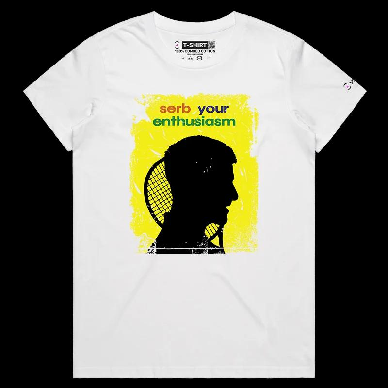 VOICEART White Female Regular Djokovic Enthusiasm Funny Sports Shirt Premium Graphic All-Time Great Superstar Tee Tennis Fans