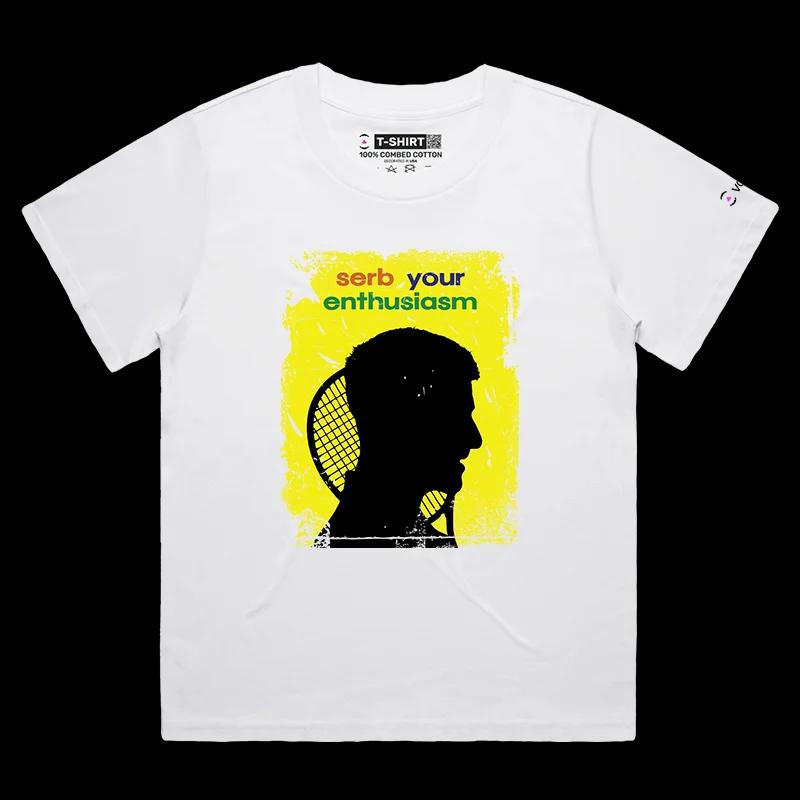 VOICEART White Female Loose Djokovic Enthusiasm Funny Sports Shirt Premium Graphic All-Time Great Superstar Tee Tennis Fans
