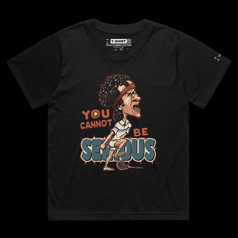 VOICEART Black Female Loose McEnroe Tennis Icon Sports T-Shirt with Premium Graphic Old School Champion Tee for Tennis Fans